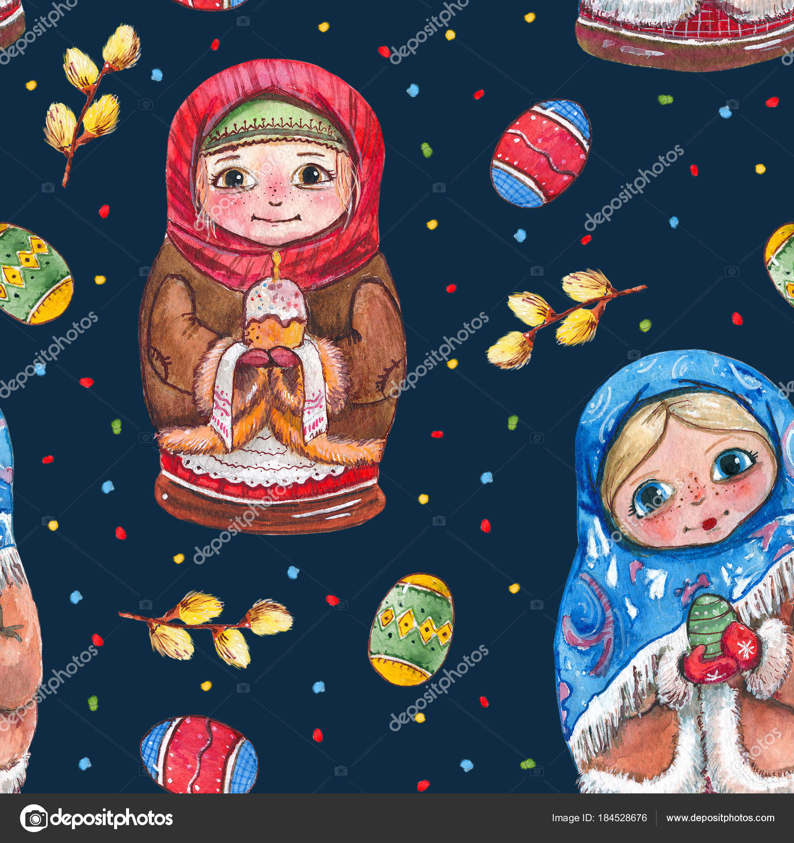 Seamless Pattern Watercolor Nesting Dolls Easter Candles Cake Pussy ...