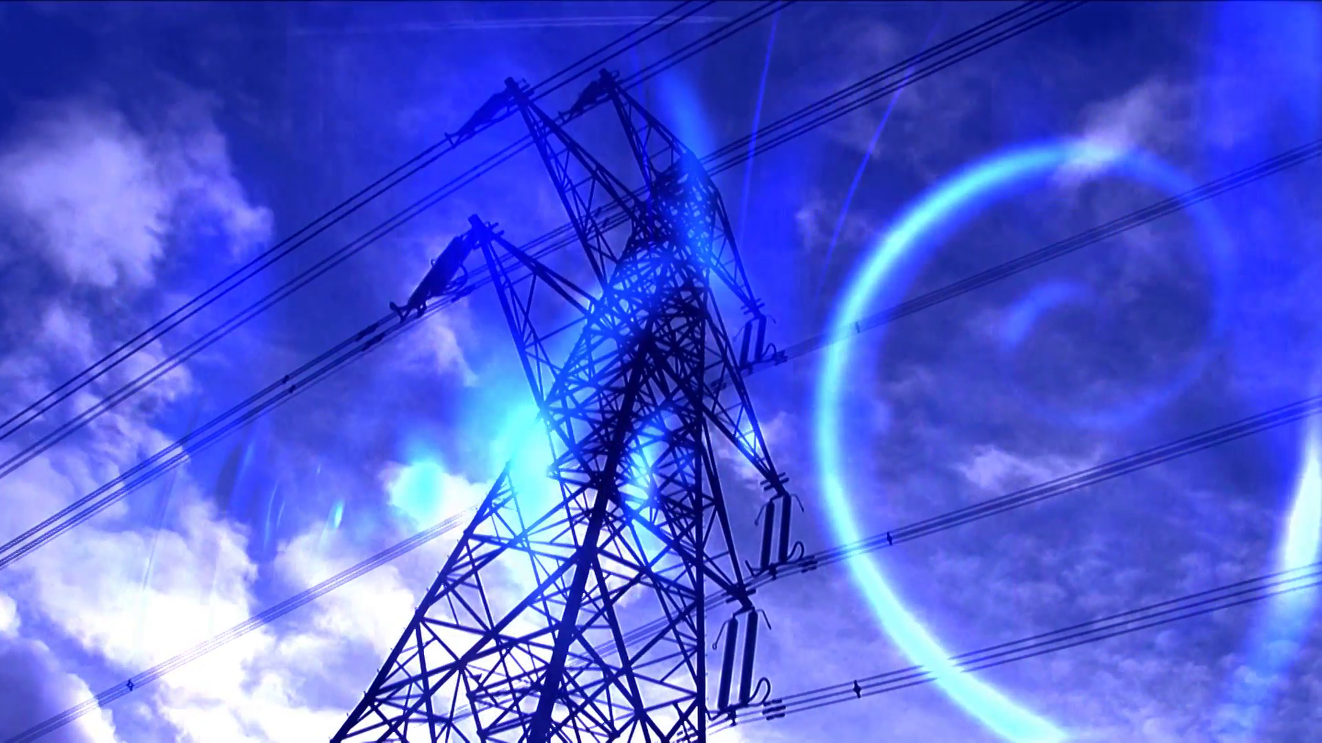 Time-lapse white clouds in blue sky behind electricity pylon with ...