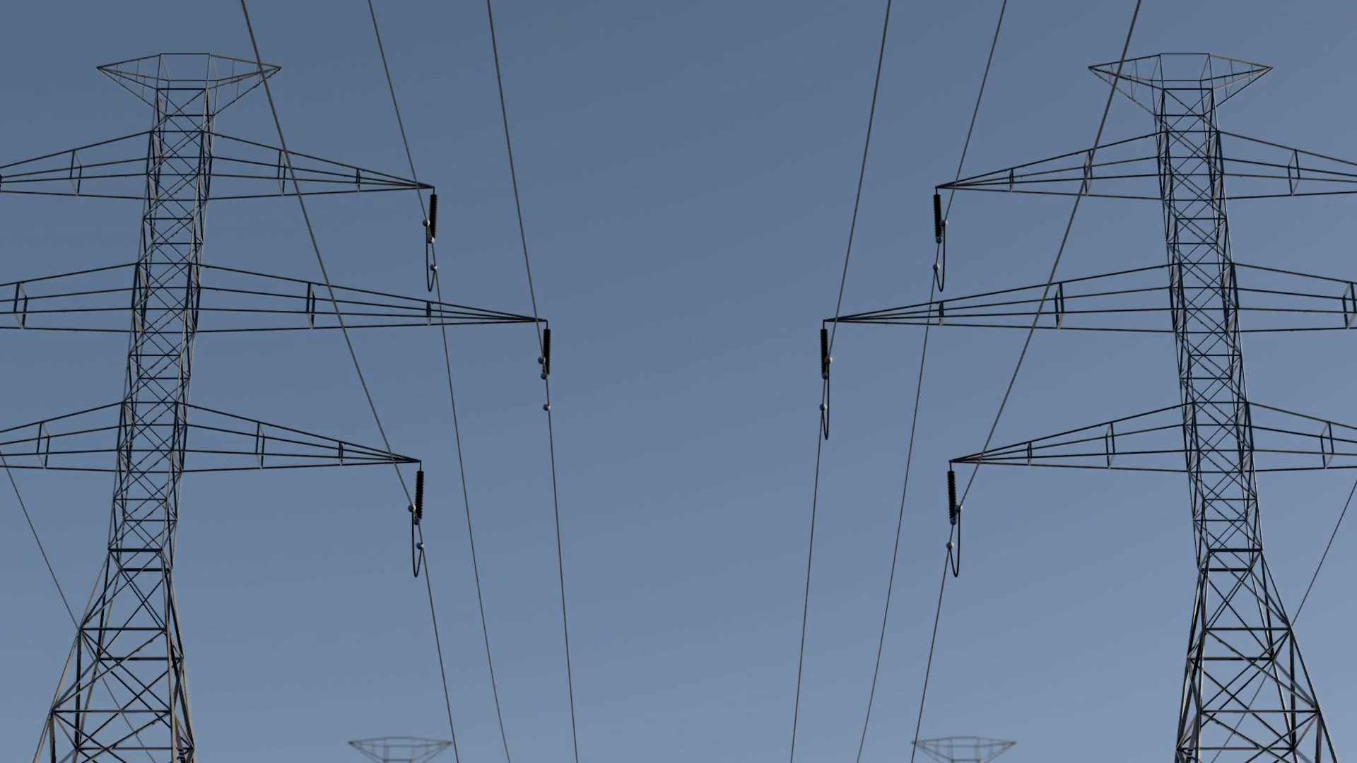 Electricity pylons. Moving along two row of pylons. electric high ...