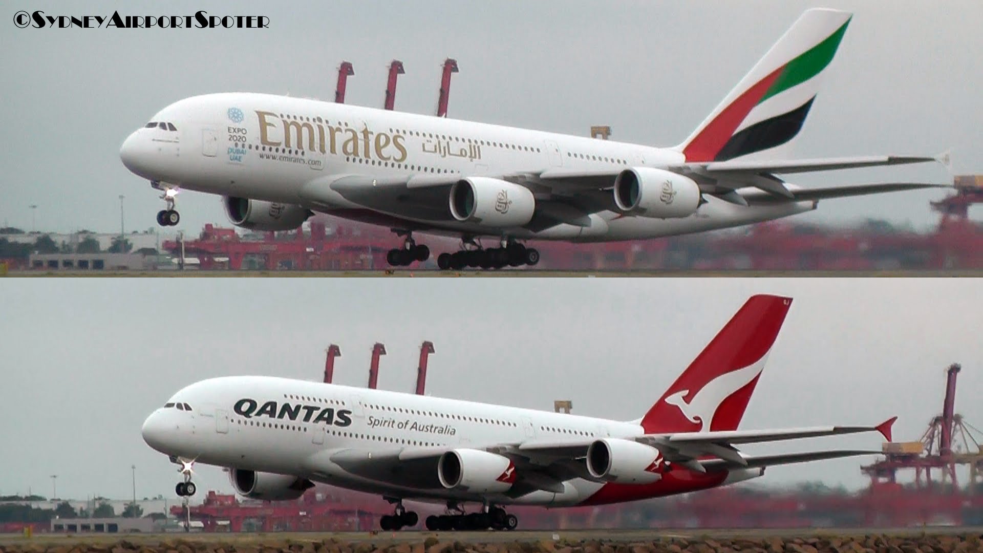 Qantas Airways and Emirates Airline Dual A380 take offs at *SYDNEY ...