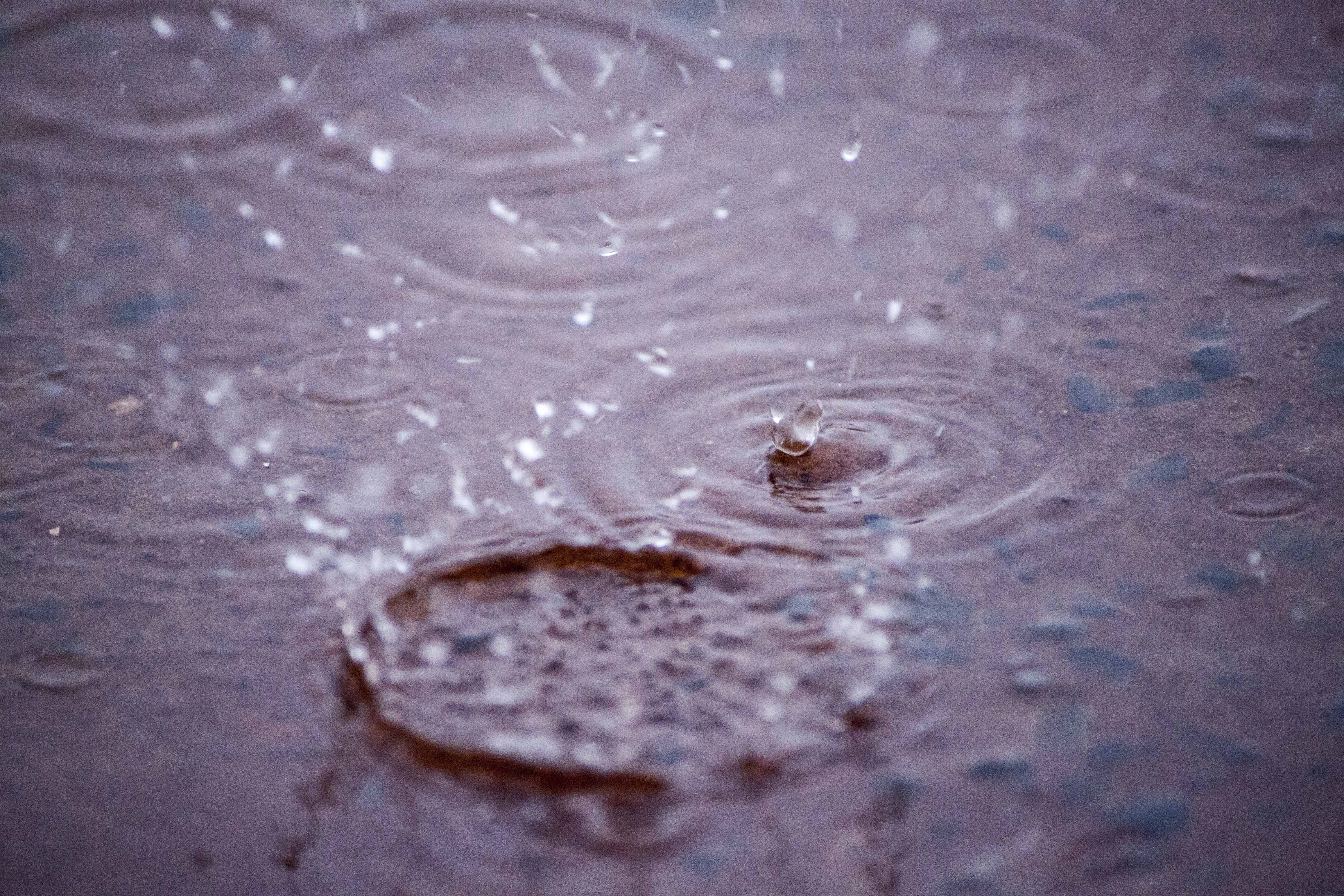 Rain drops splash on water puddle photo