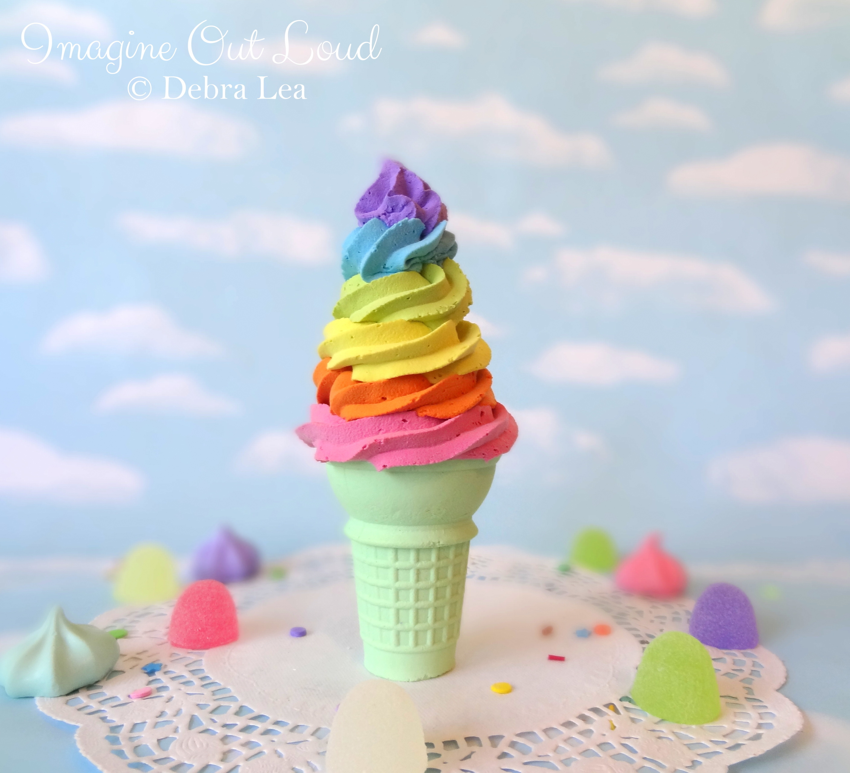 NEW Fake Rainbow Swirl Ice Cream Green Cake Cone