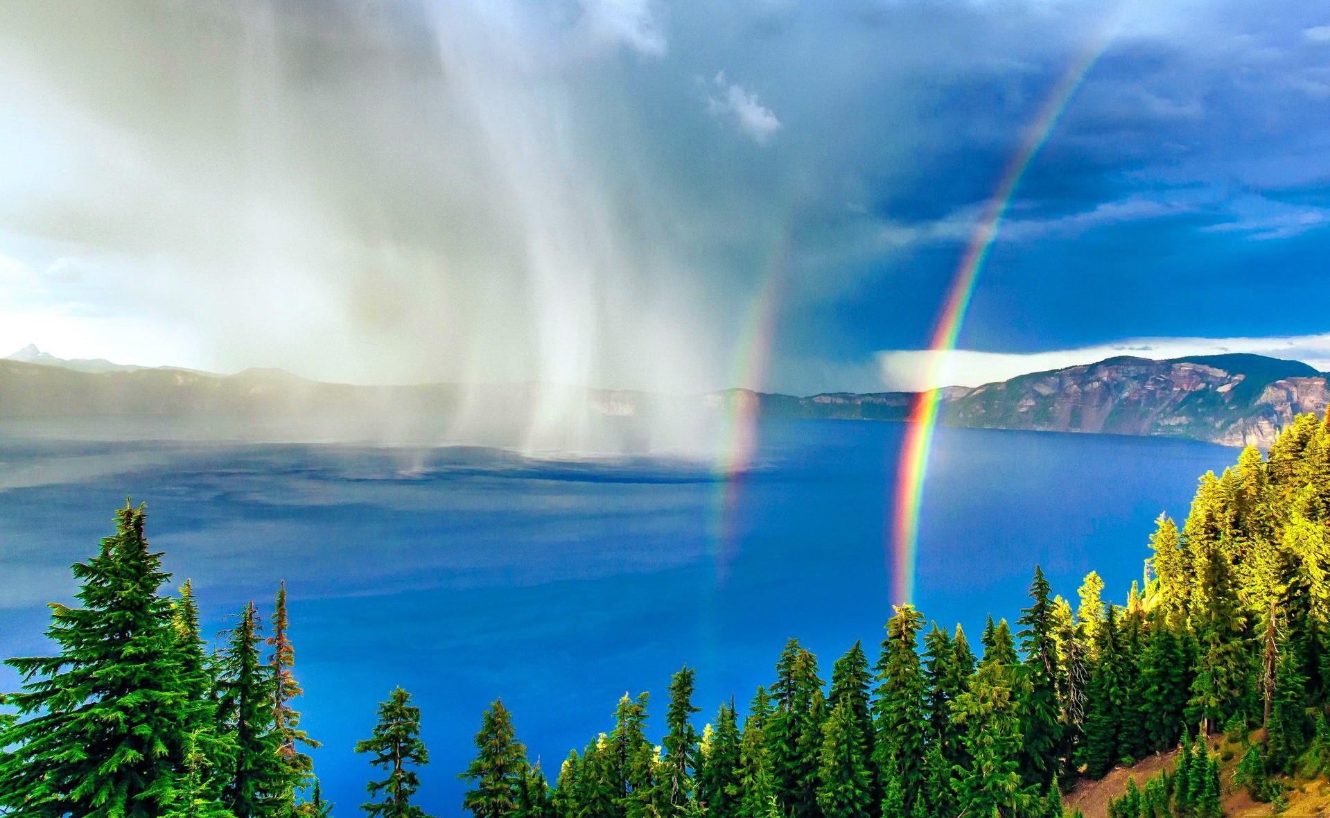 Rainbows: Rain Pretty Storm Nice View Rainbow Lake Trees Shore ...
