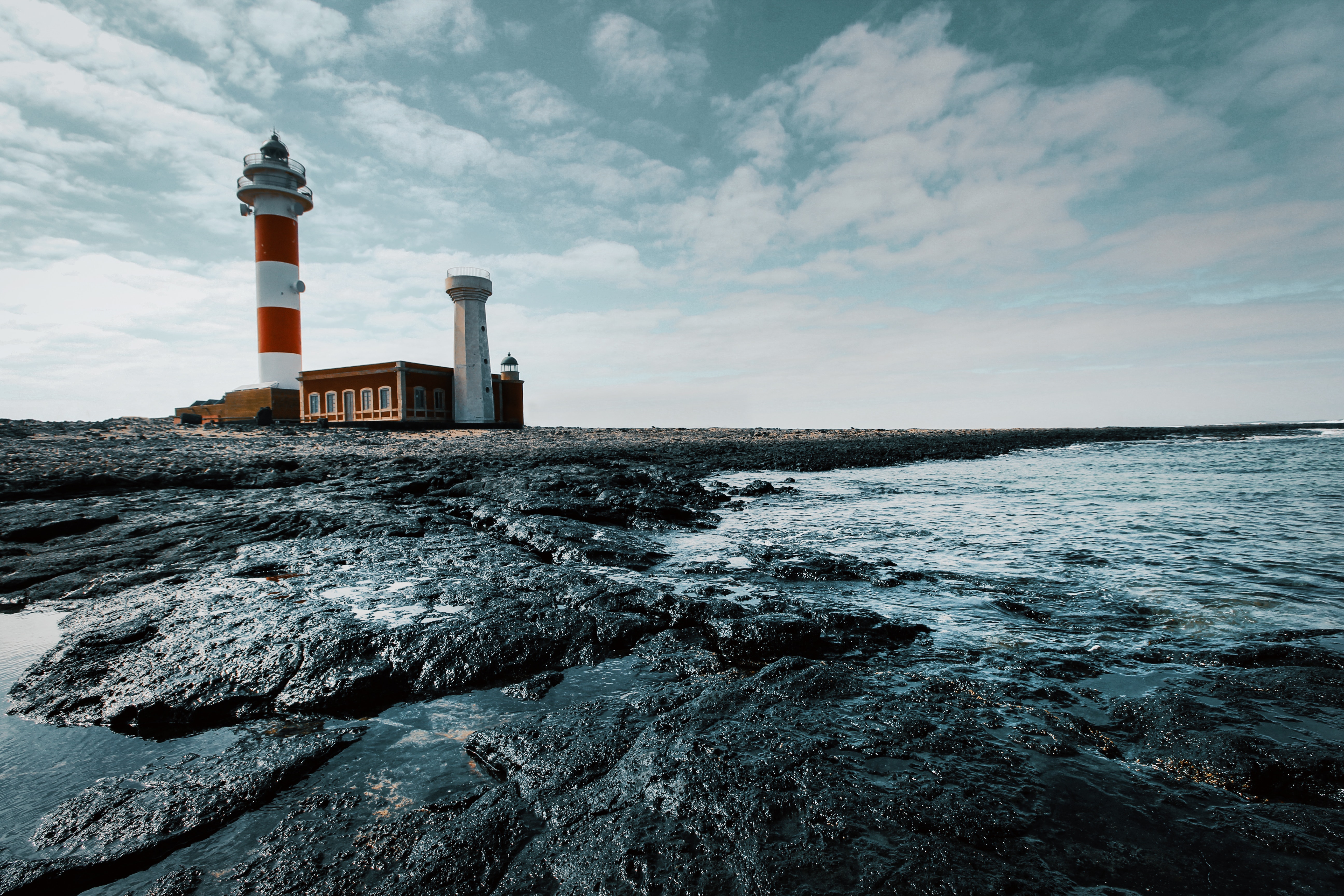 Red and White Lighthouse on Land, Beach, Rock, Water, Sky, HQ Photo
