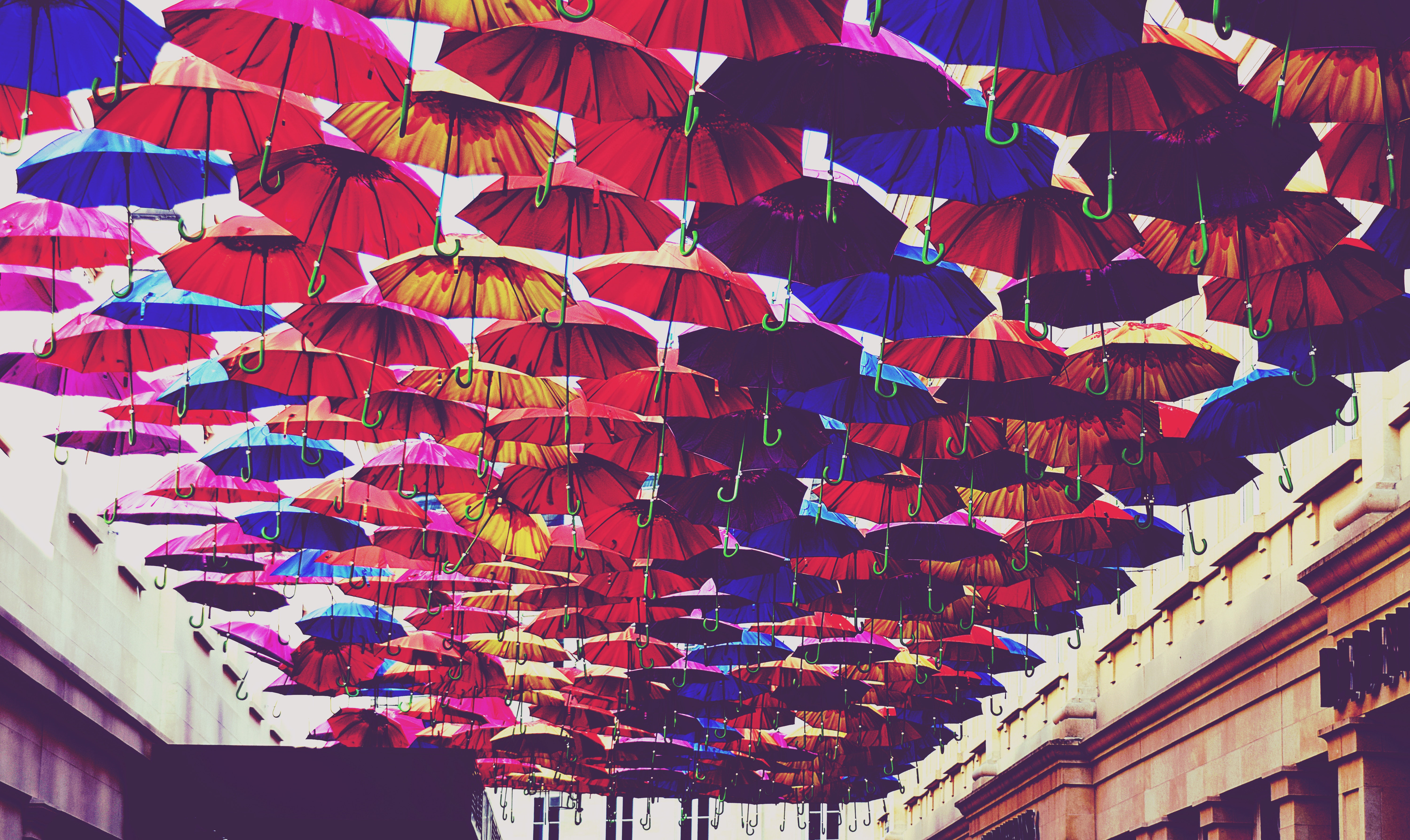 Red, Blue, and Orange Umbrella Lot, Abstract, Motley, Umbrellas, Texture, HQ Photo