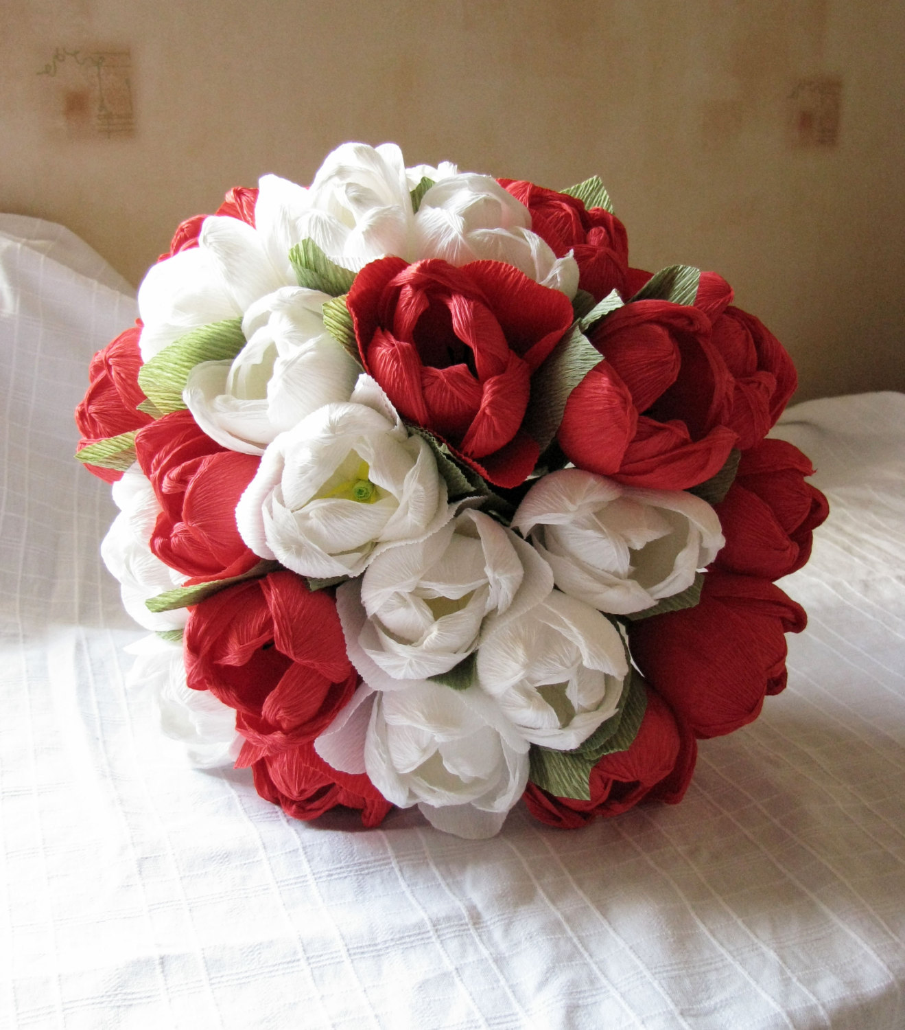 Red and white paper tulips/ Wedding bouquet/ Paper flower/