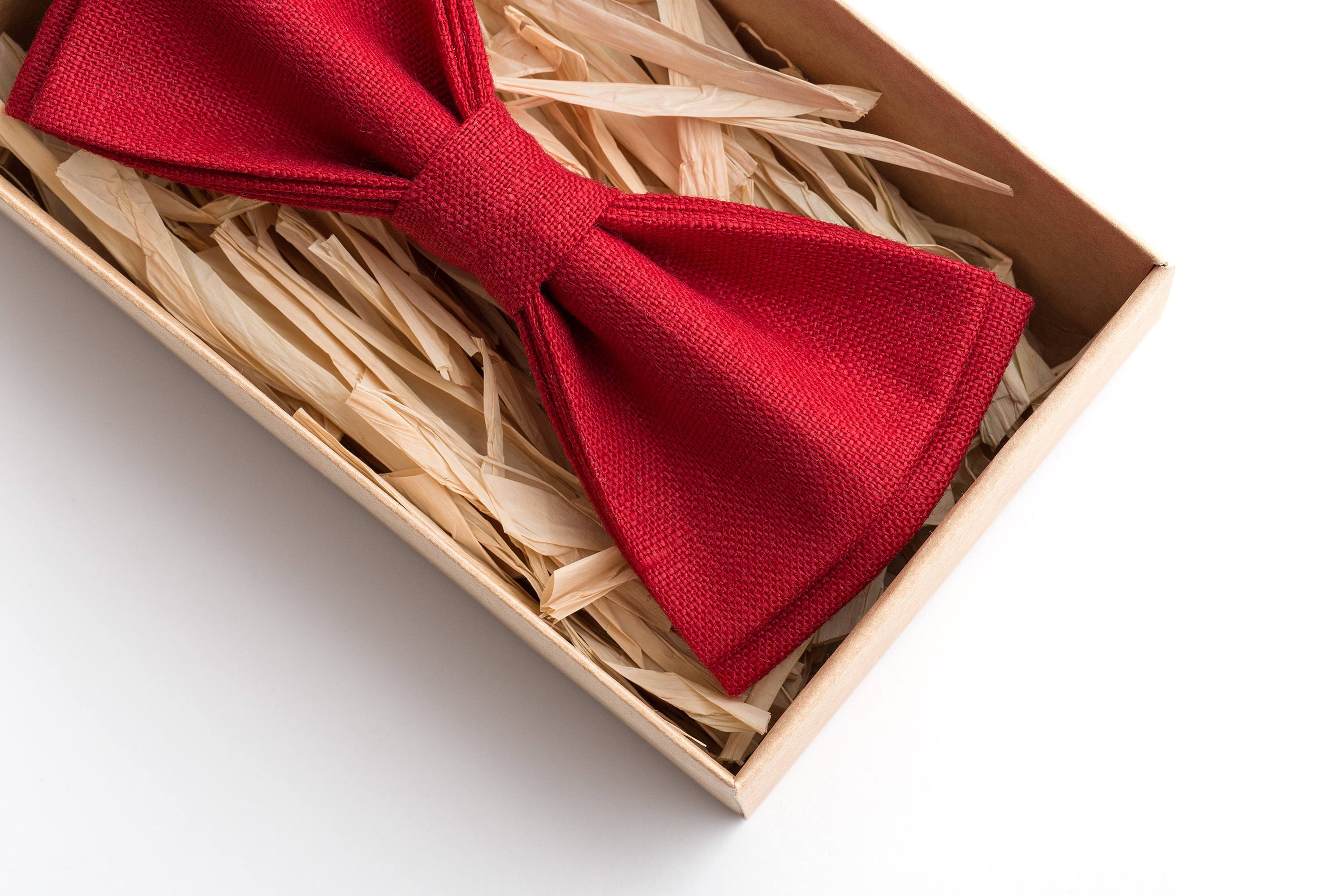 Red Bow Tie made of natural baltic linen, Solid Red Bow tie, Red ...