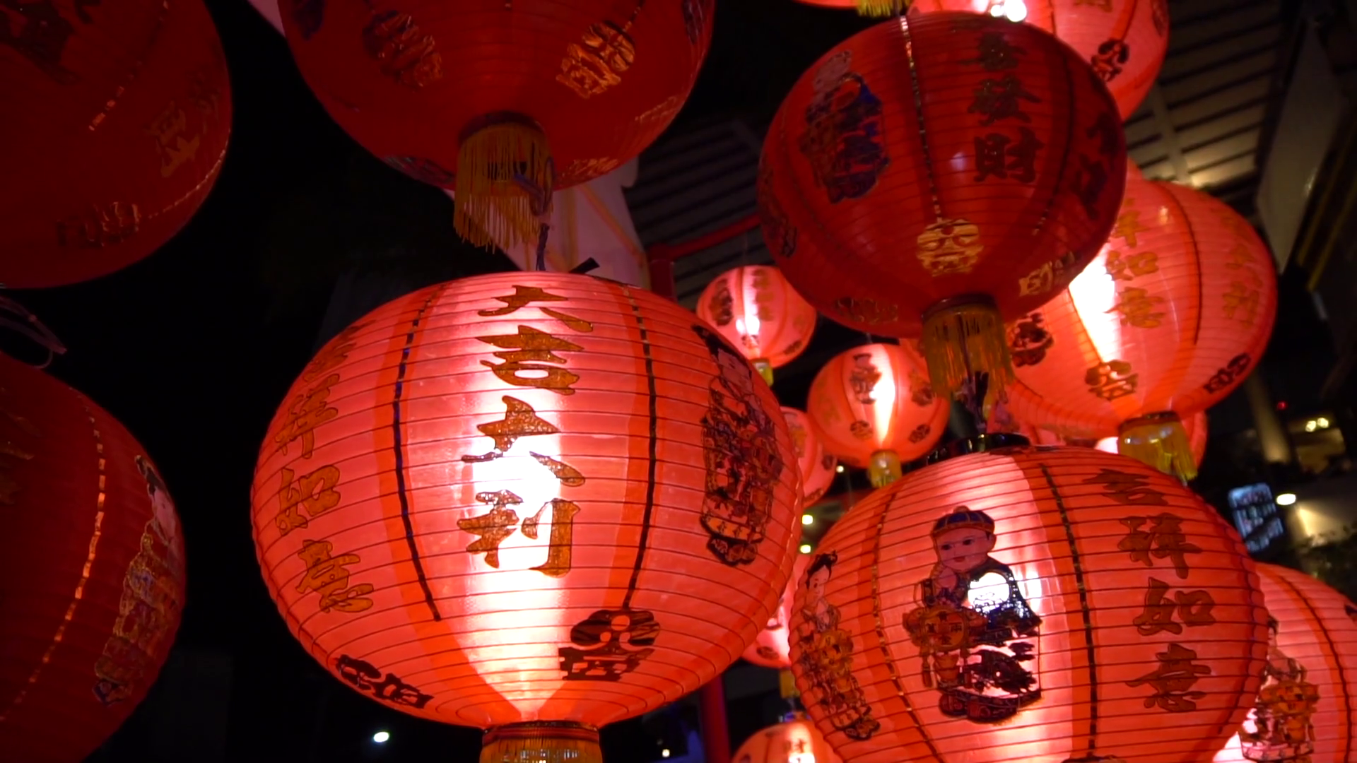 Glowing Red Chinese lanterns at night, slow motion Stock Video ...