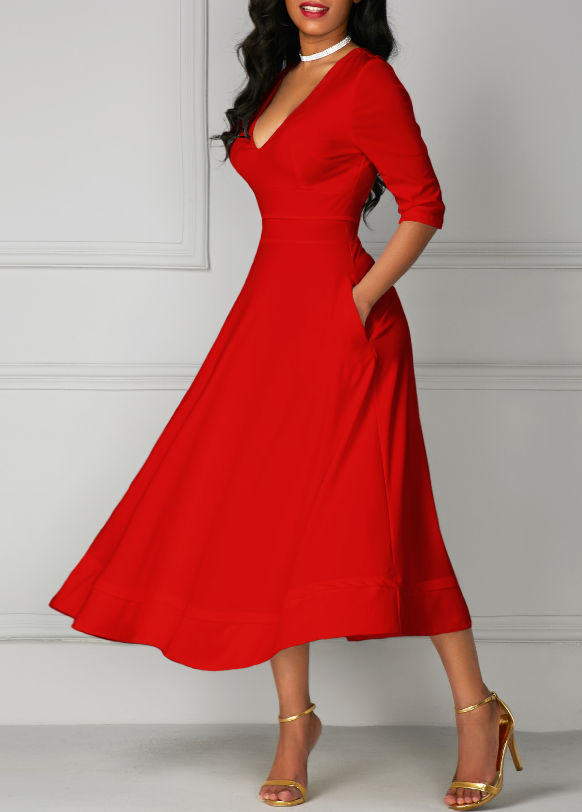 V Neck High Waist Half Sleeve Red Dress | modlily.com - USD $33.23