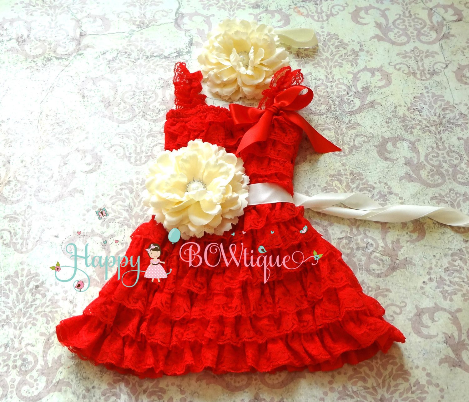Baby Girl Red Dress / Girl Ivory Red Flower Lace Dress set / Happy ...