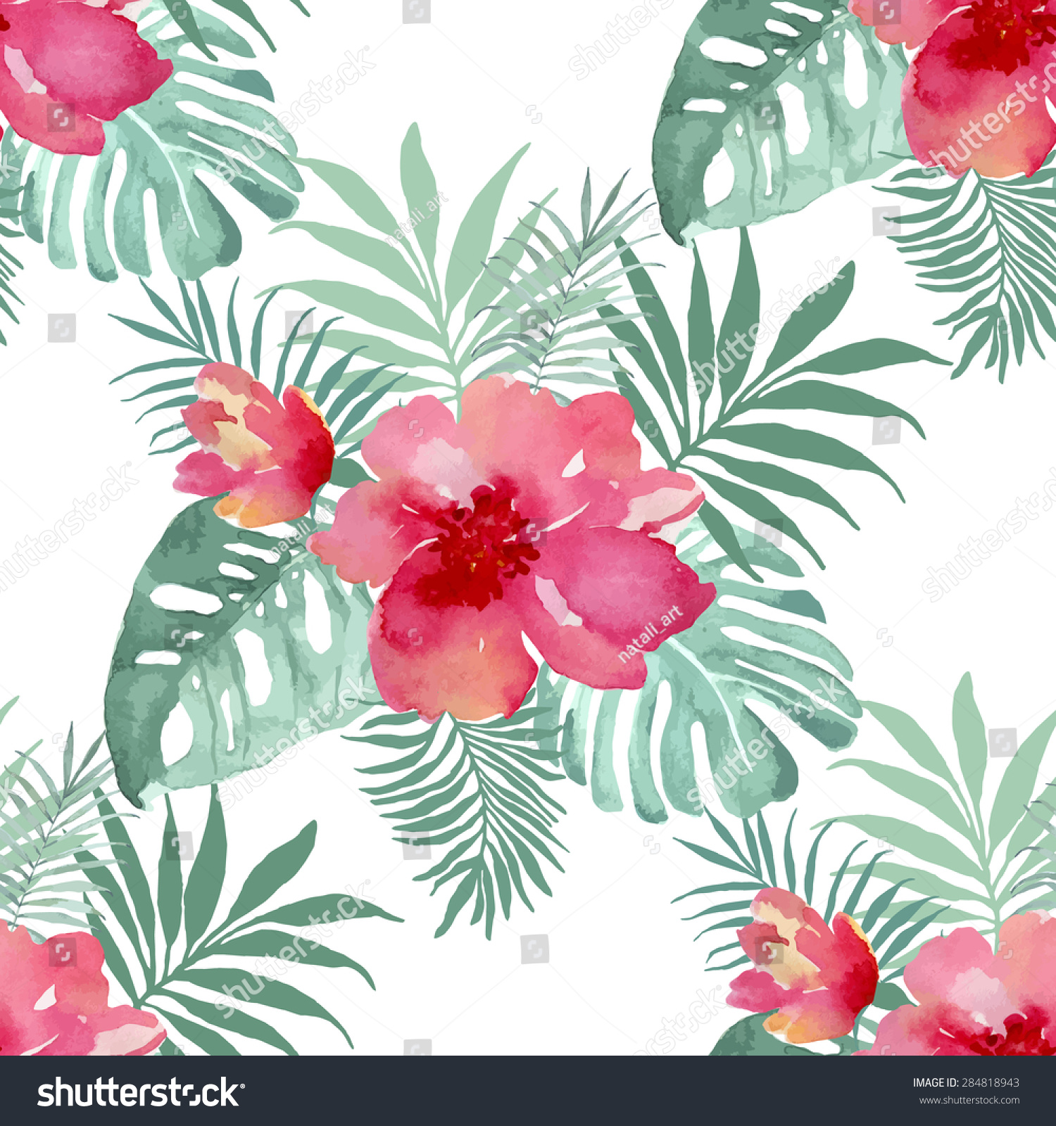 Tropical Background Red Flowers Palm Leaves Stock Vector 284818943 ...