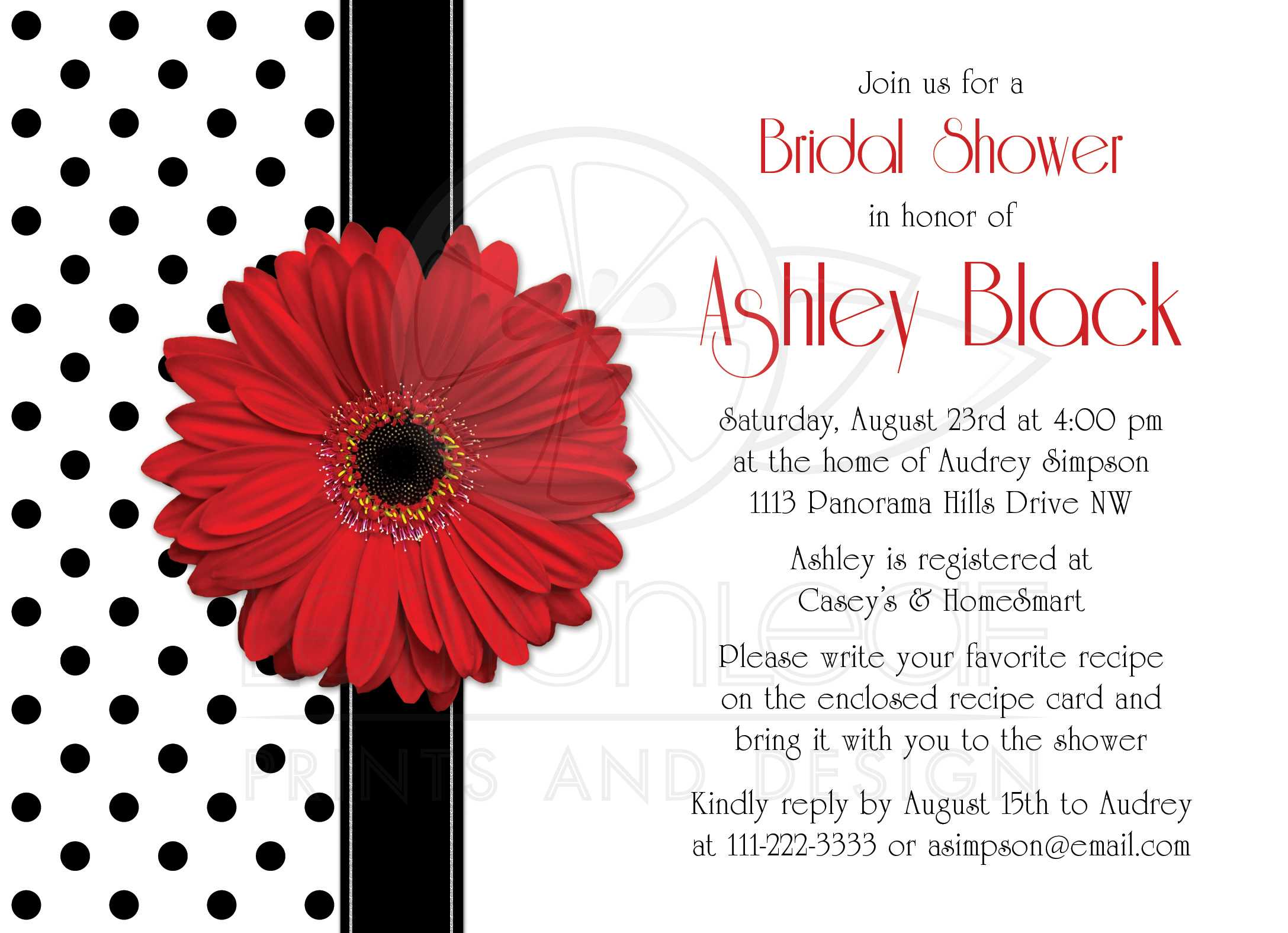 Bridal Shower Invitation Red Gerbera Daisy Polka Dot