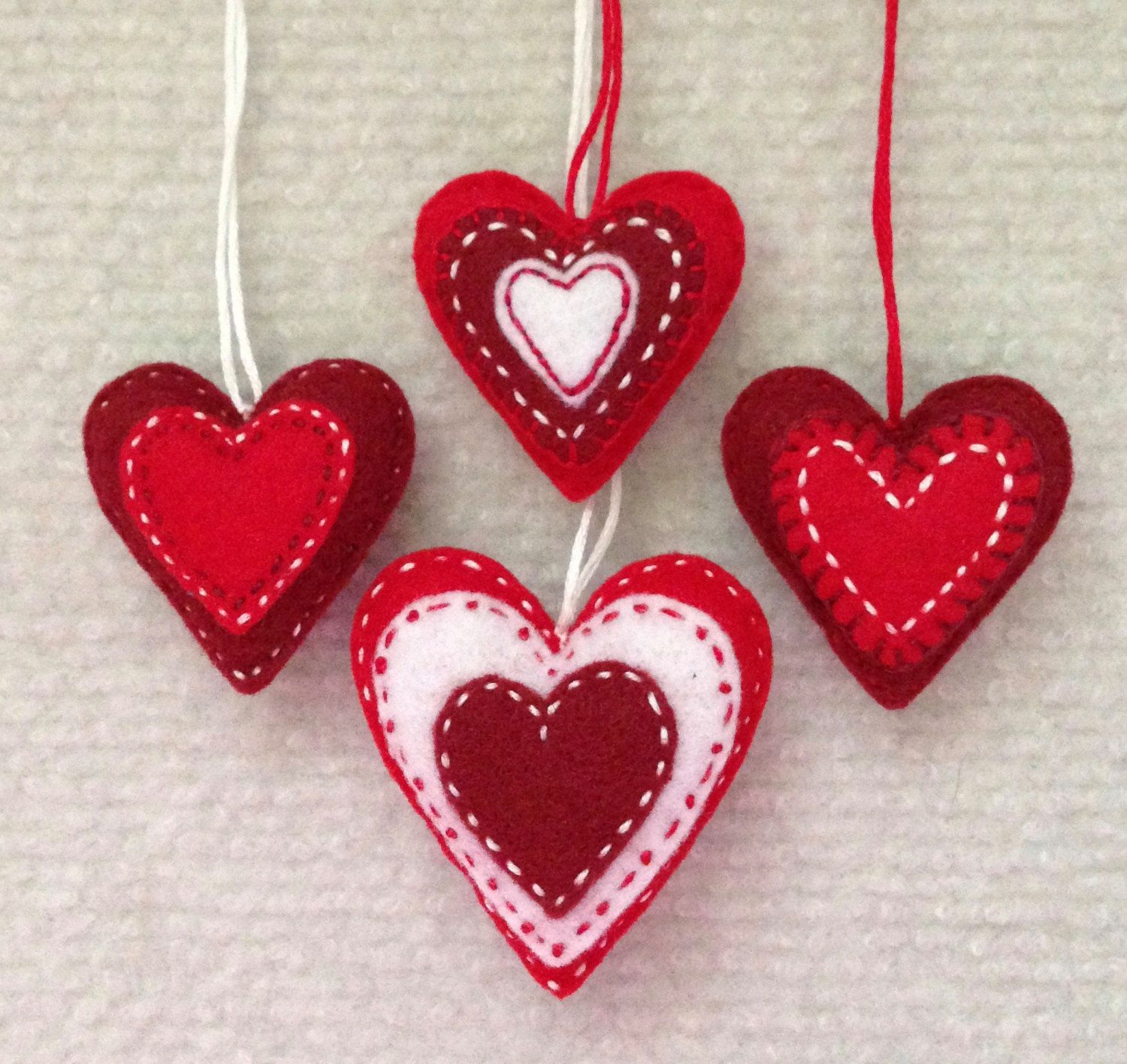 Valentine heart ornaments Red and White felt hearts Set of four by ...