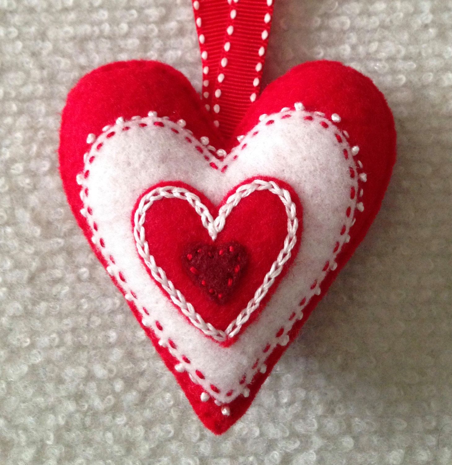 Red heart ornament red and white embroidered heart | Heart ornament ...
