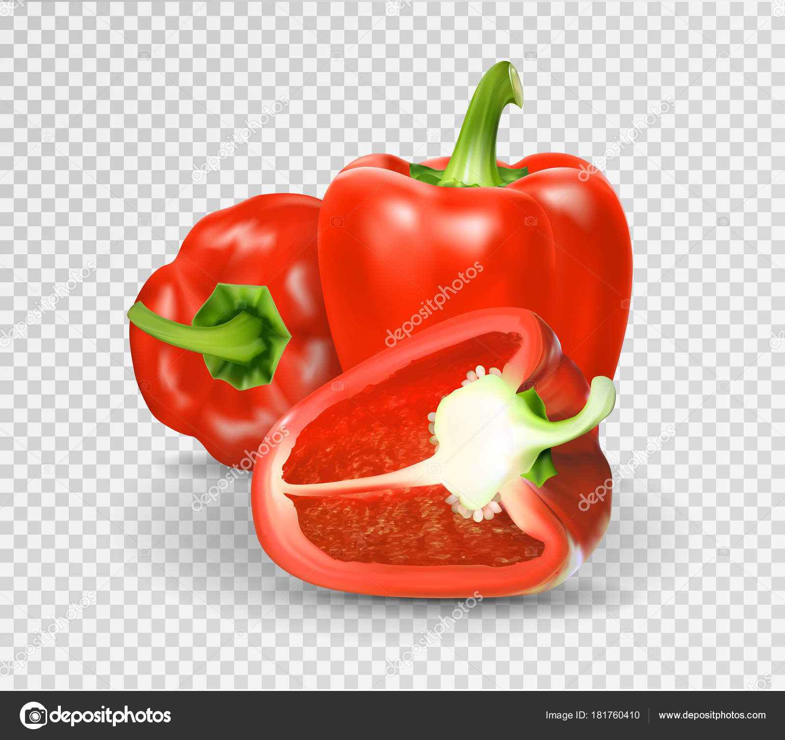 Photo-realistic vector. Red paprika. Whole Bulgarian pepper and half ...