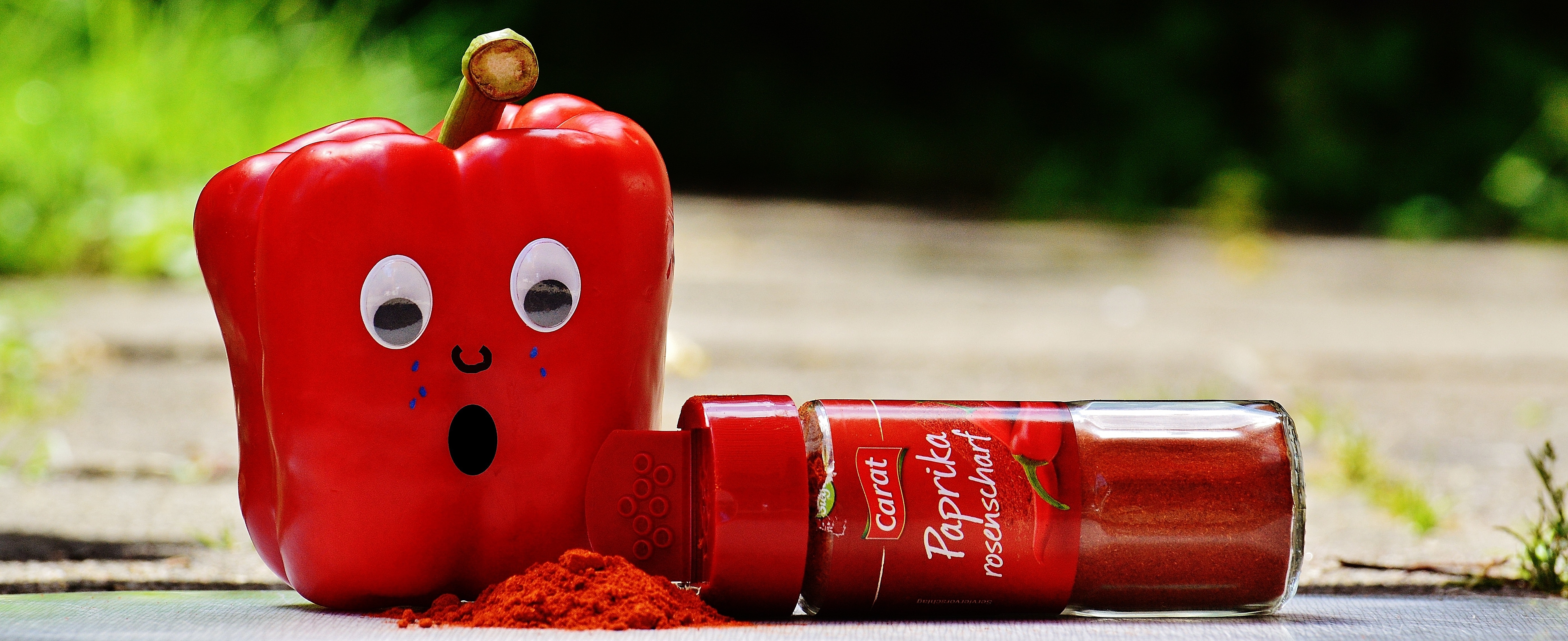 Red pepper beside red paprika plastic bottle photo