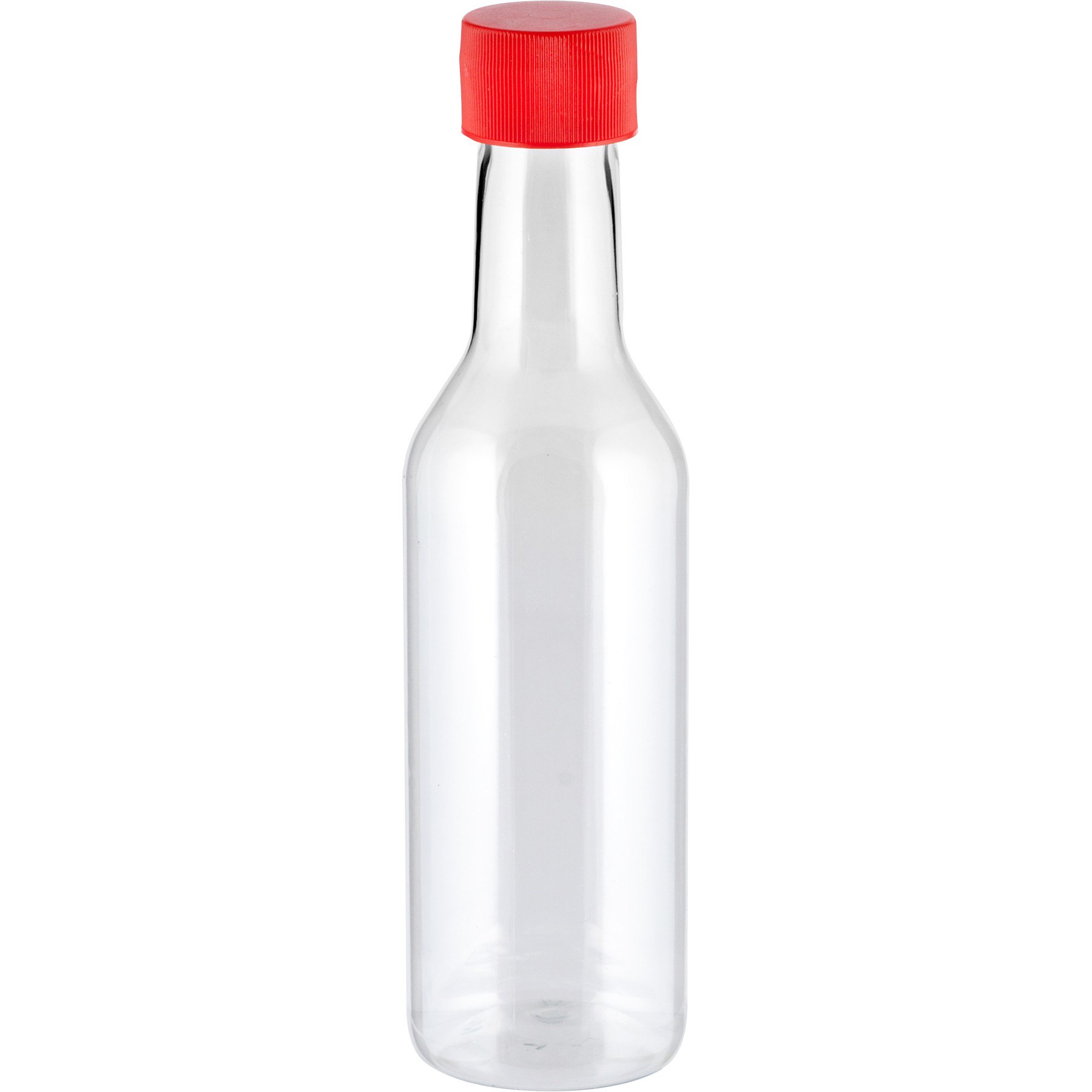 5 oz. Clear PET Plastic Hot Sauce Bottle w/Red Ribbed F217 Cap, 24mm ...