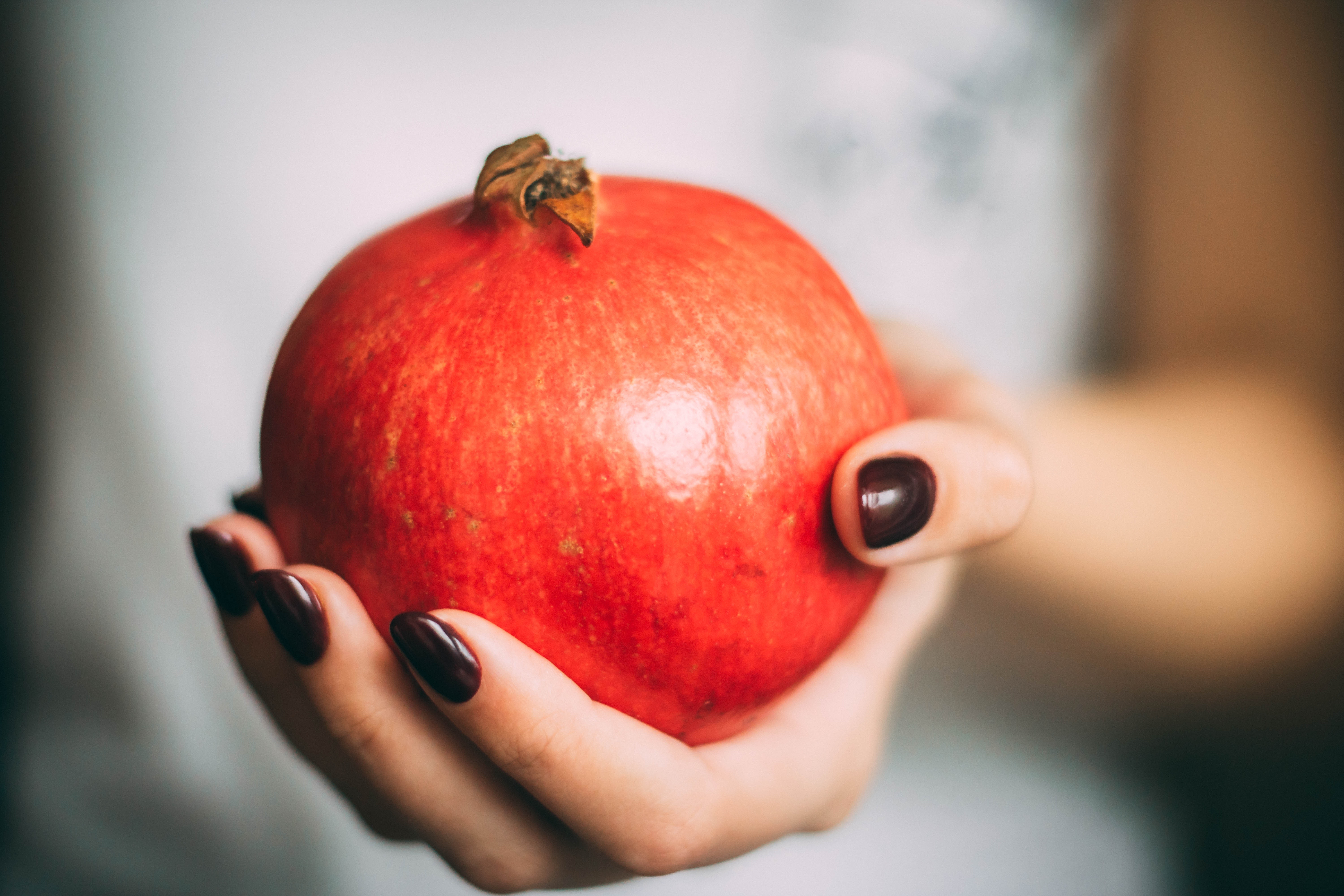 Red Pomegranate at Woman's Hand, Blur, Close-up, Colors, Fruit, HQ Photo