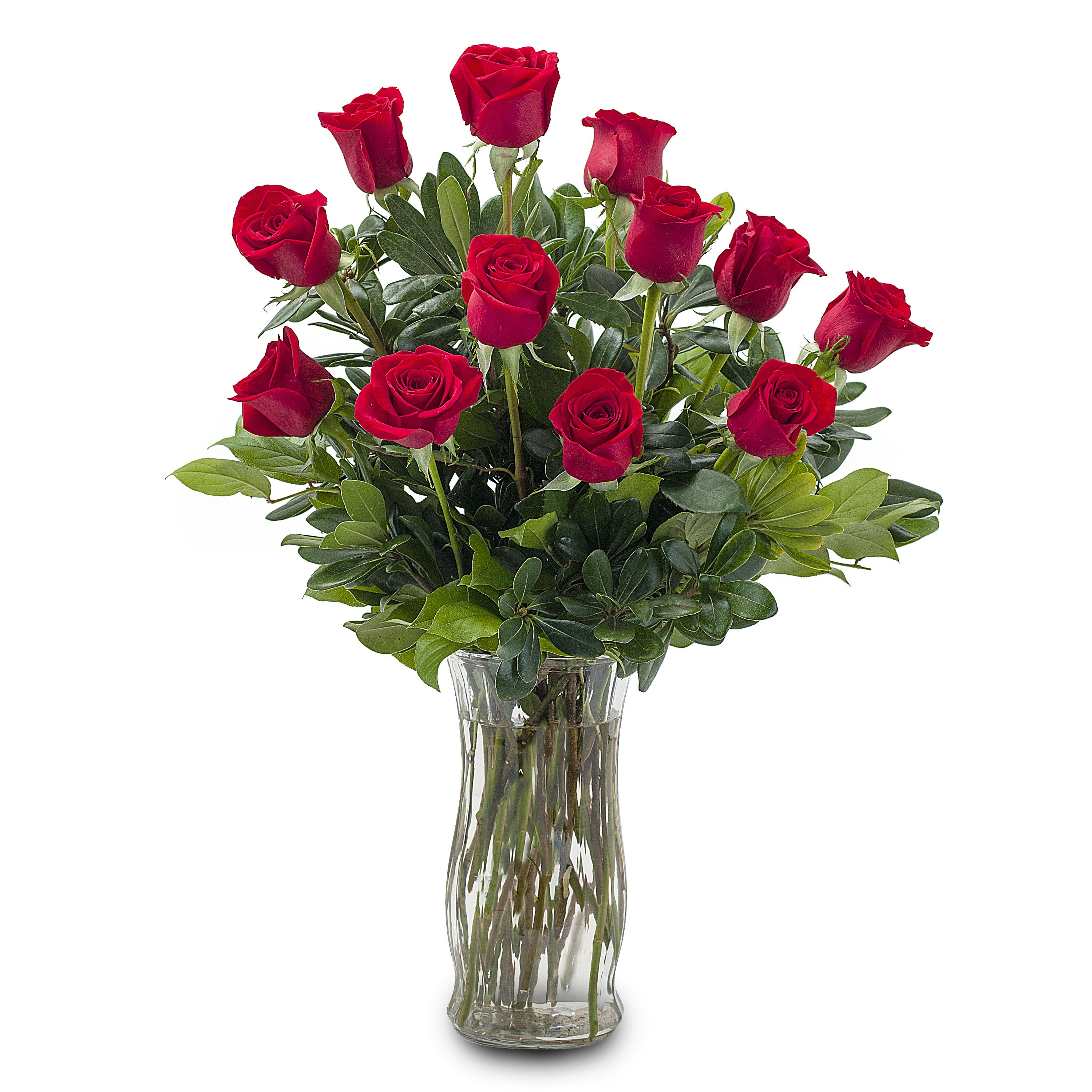 Classic Romance Beautiful Red Roses Lush Accents in a Vase 3 Sizes ...