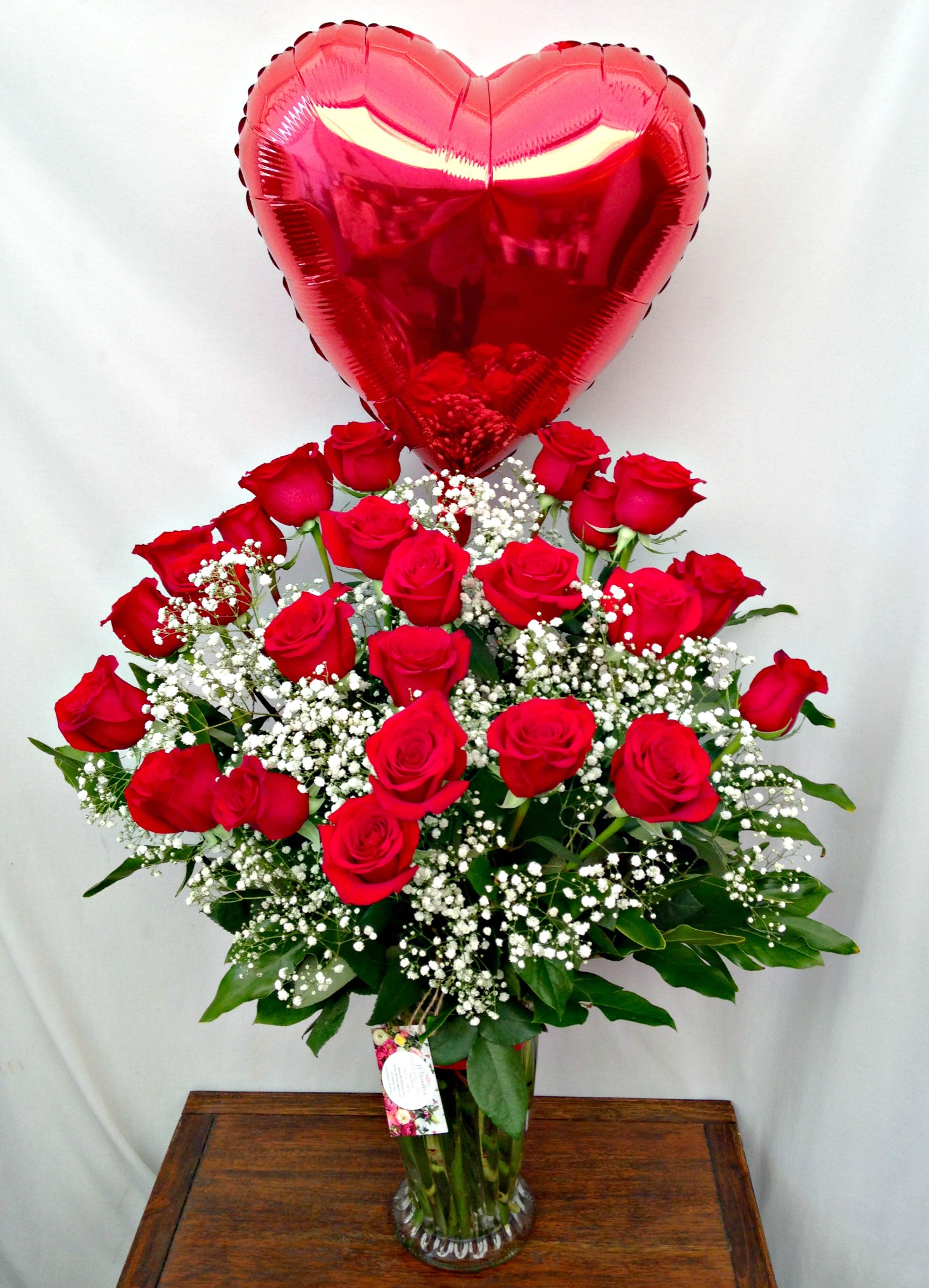 Two Dozen Premium RED Roses with lush accents with RED Heart Balloon ...