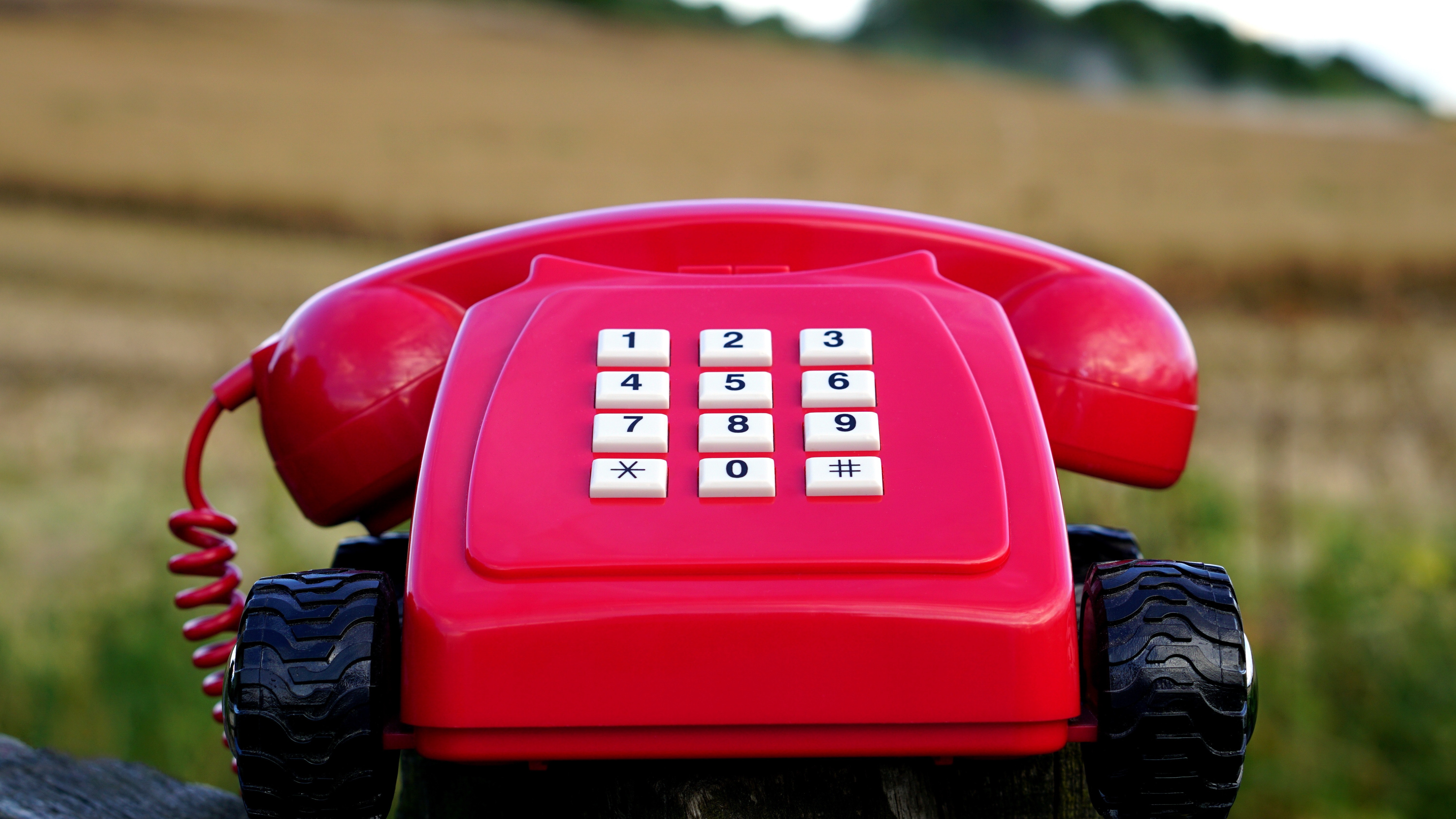 Red rotary phone with black wheels near brown grasses during day time photo