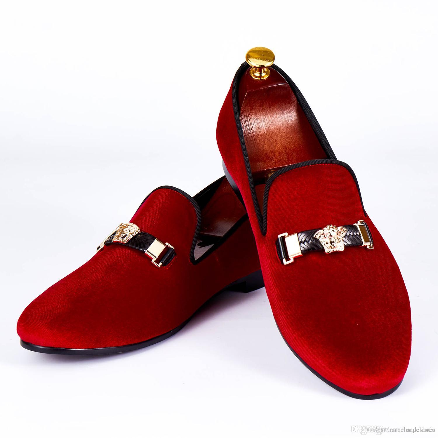 Harpelunde Woven Leather Buckle Dress Shoes Red Velvet Loafers Men ...