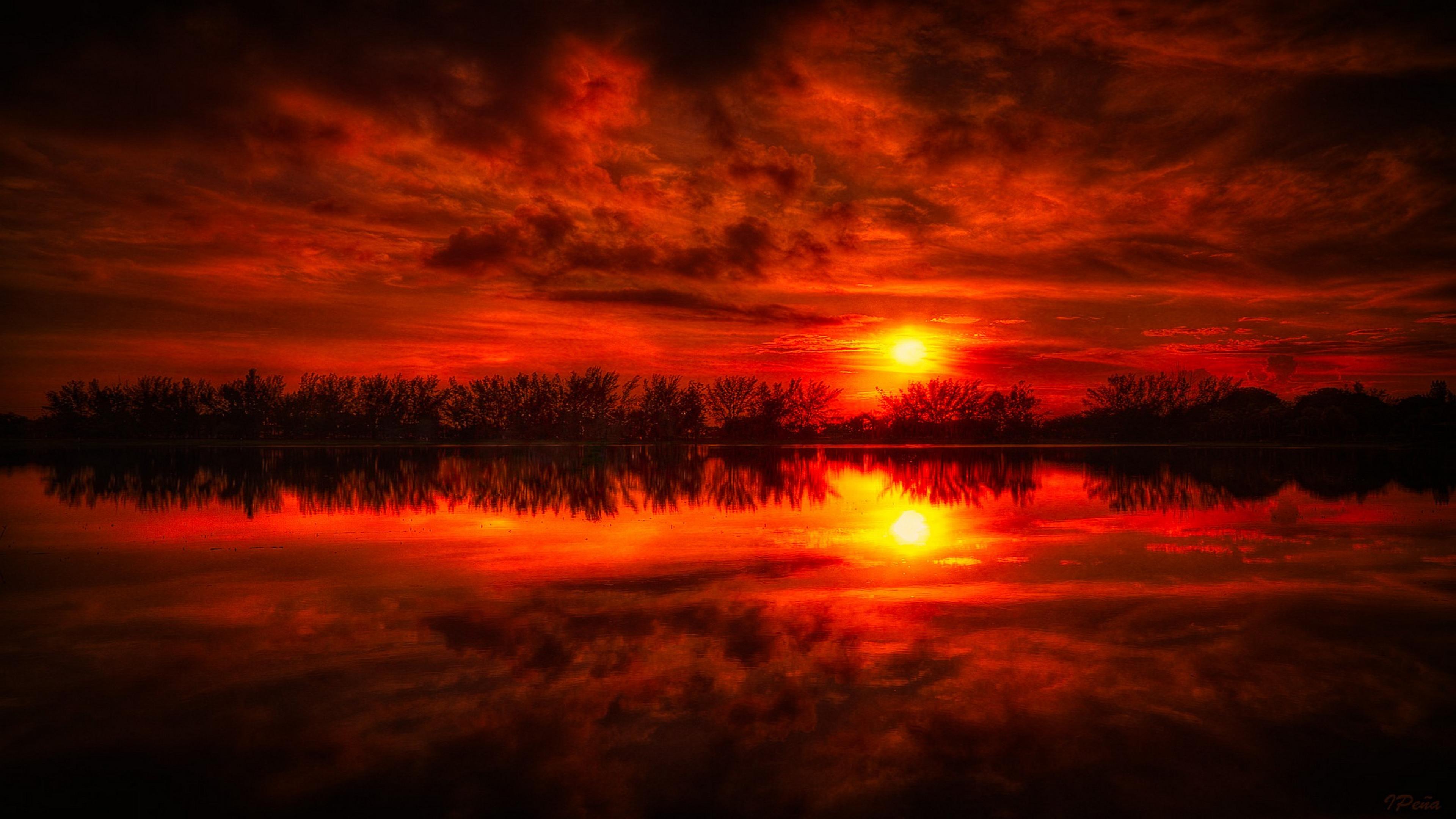 Red Sunset Peaceful Lake Reflections Nature Landscapes Wallpaper Hd ...