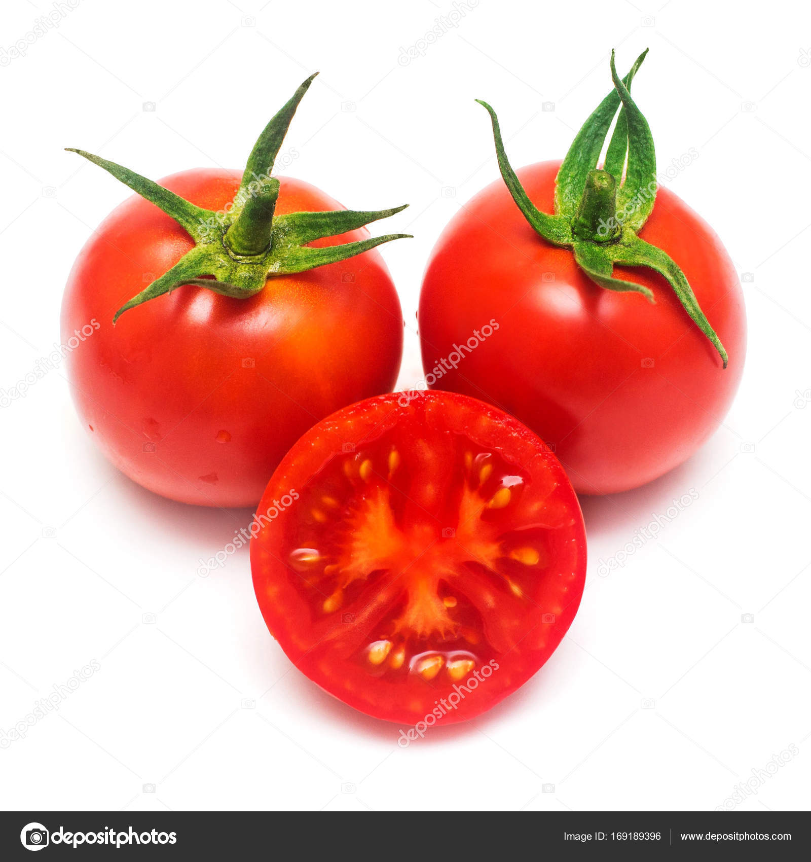 Red tomatoes whole and pieces isolated on white background. Vege ...