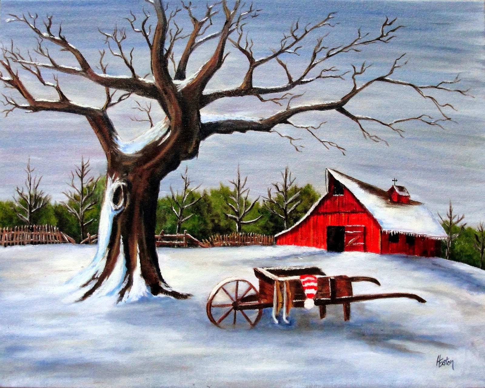 Word Weaver Art: Red Barn & Wheelbarrow in Winter