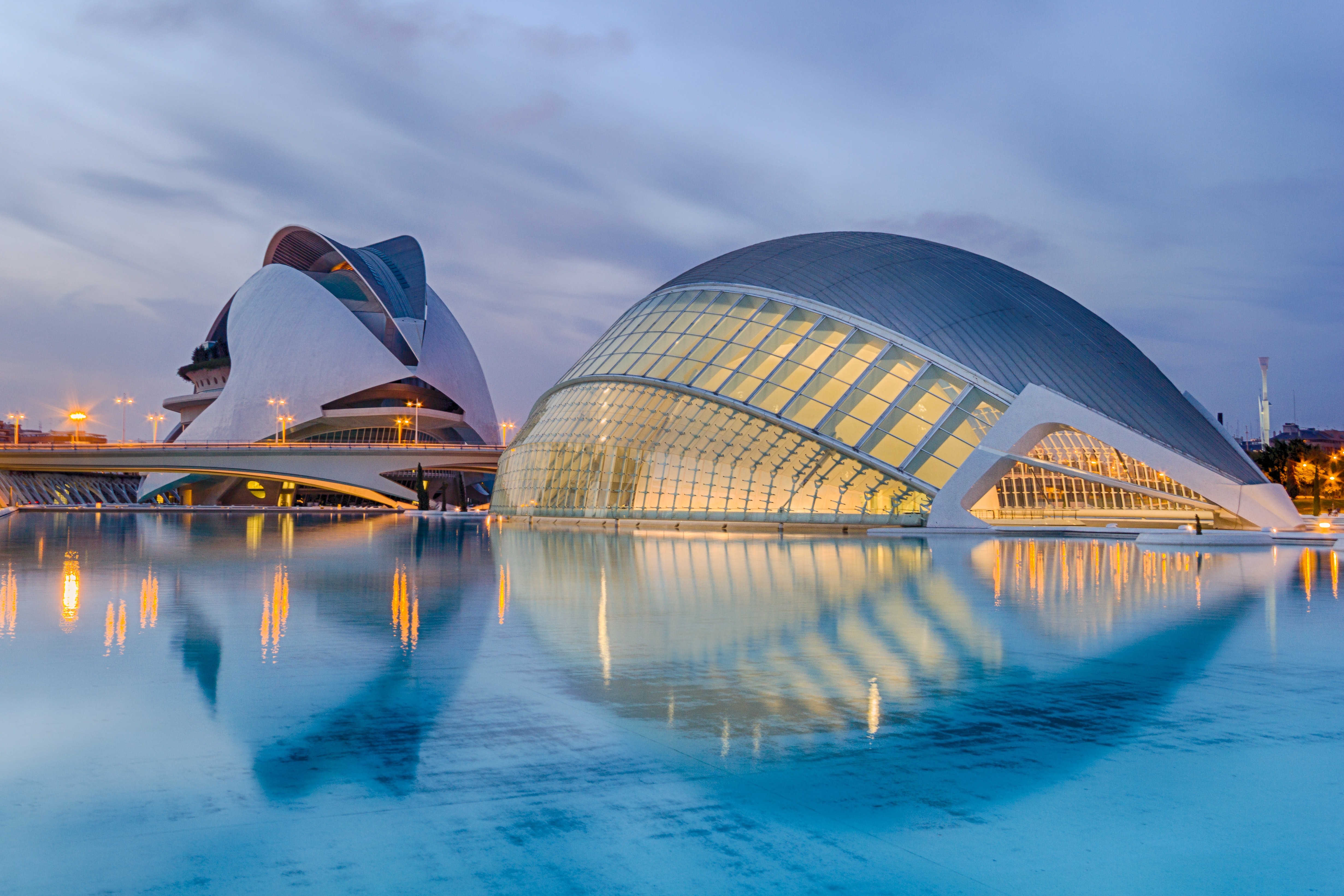 Reflection of Cityscape in Sea at Night, Architecture, Building, City of arts and sciences, Valencia, HQ Photo
