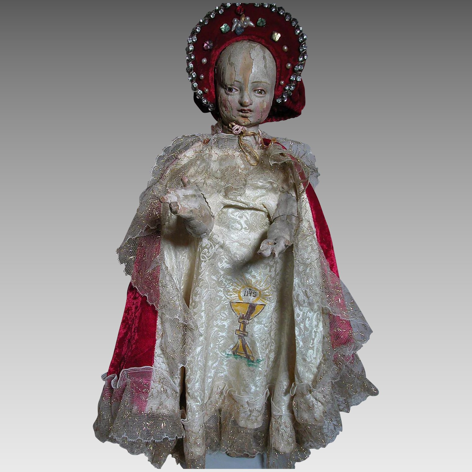 Antique Religious Figure Wood Pegged Infant Jesus Articulated Glass ...