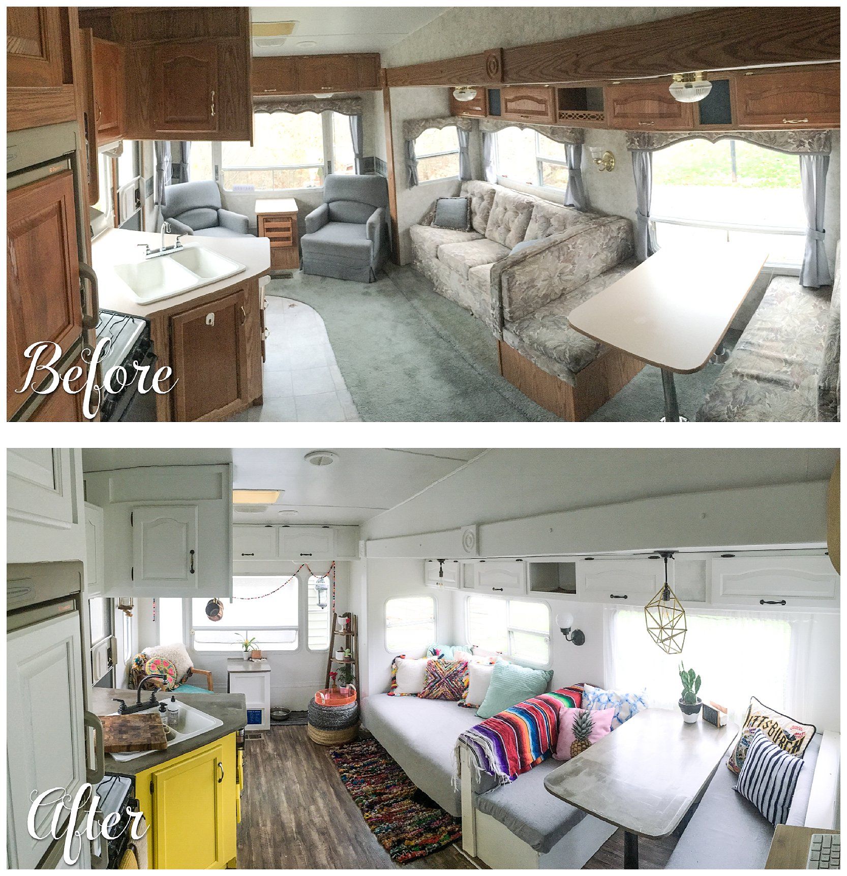 Before and after photos of a camper renovation living space ...