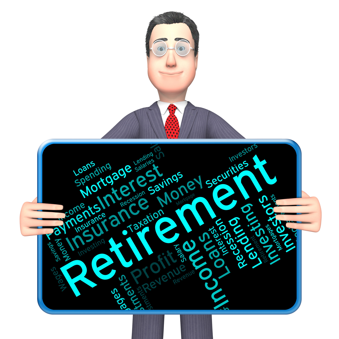 Retirement word shows finish work and pensioner photo