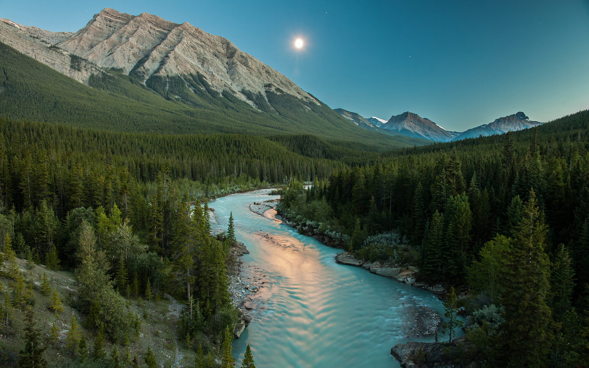 River Moonlight Mountains Landscape Forest Trees wallpaper ...