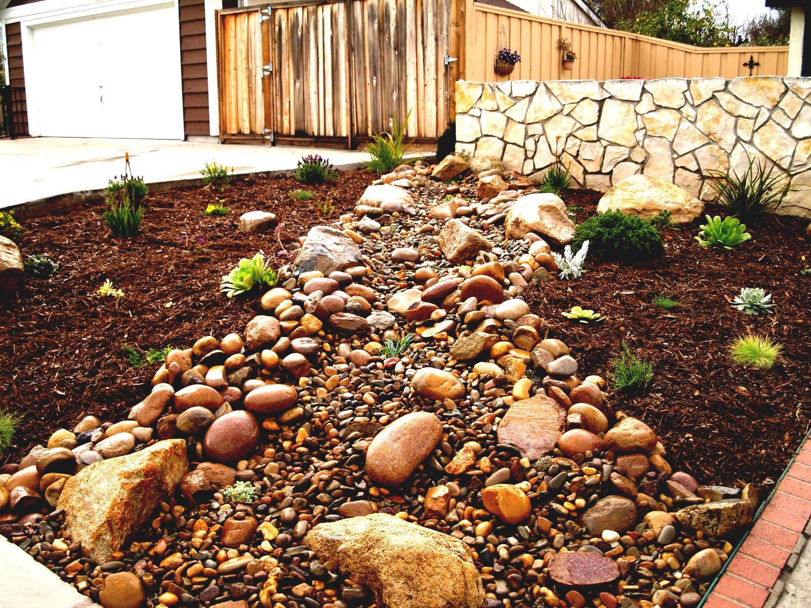 Rock And Gravel Riverbed Plantingsanic Mulch A Wall Hardscape Vs ...