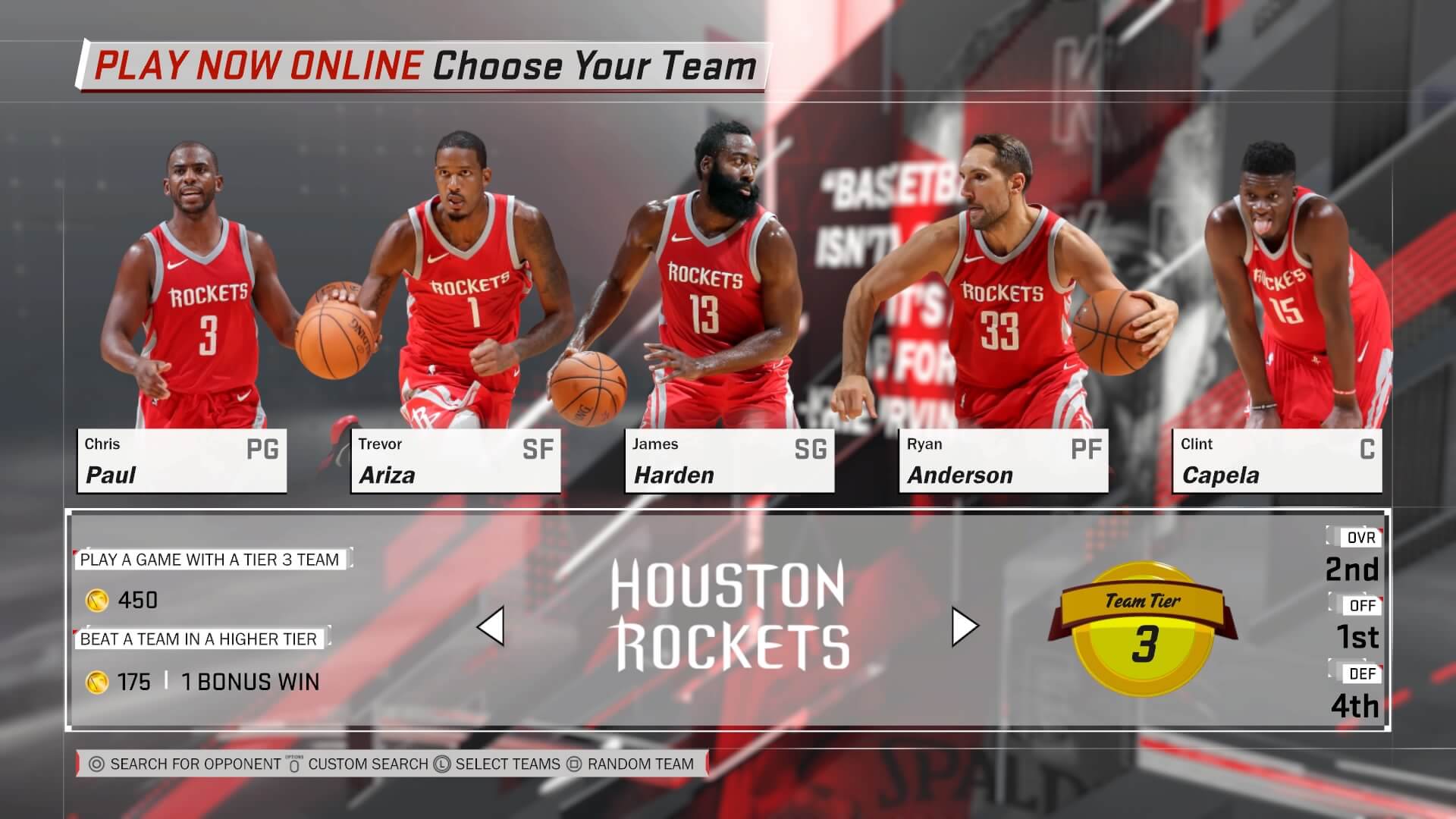 Houston Rockets NBA 2K18 Team Roster