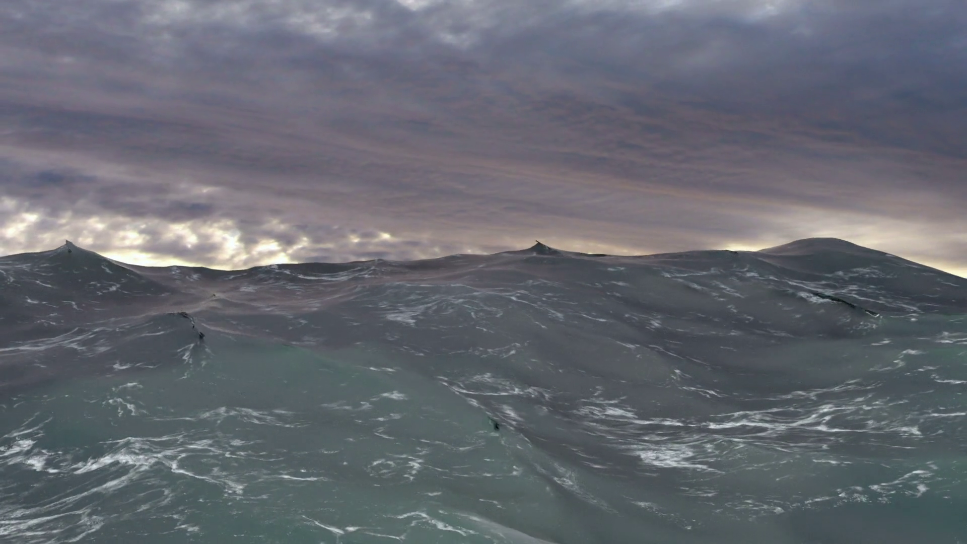 Computer generated realistic turbulent ocean waves. Cloudy sky and ...