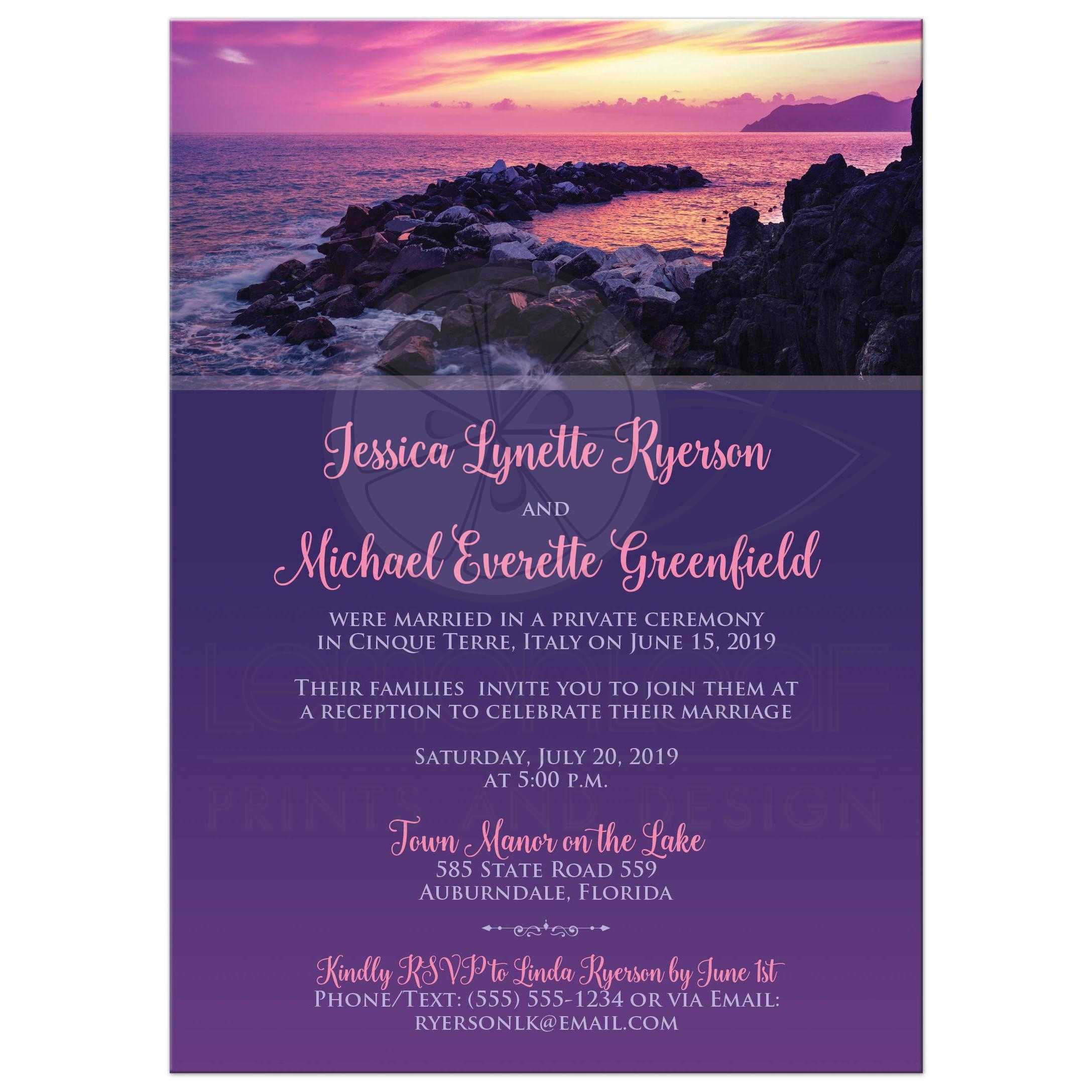 Pink, Purple Rocky Shore Post Wedding Reception Invitation