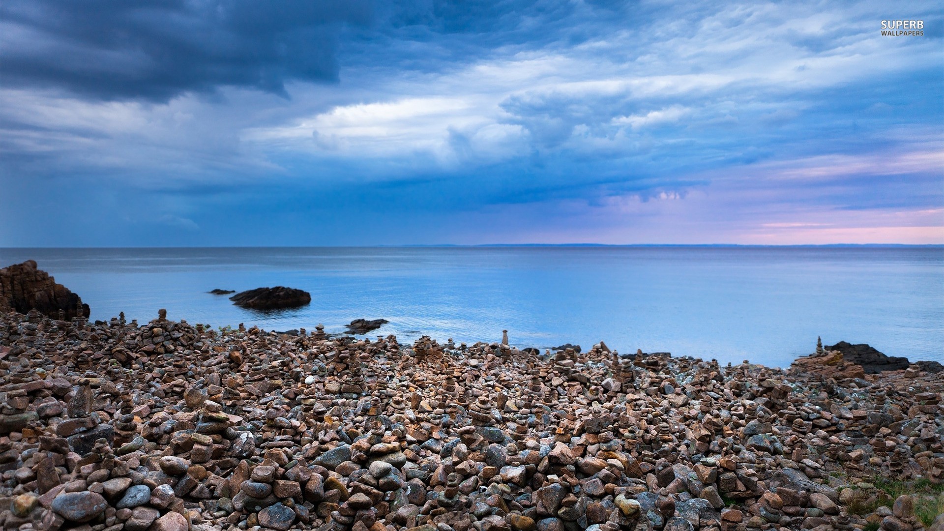 Beach: Superb Stony Beach Sea Clouds Stones Rocky Shore Wallpaper ...