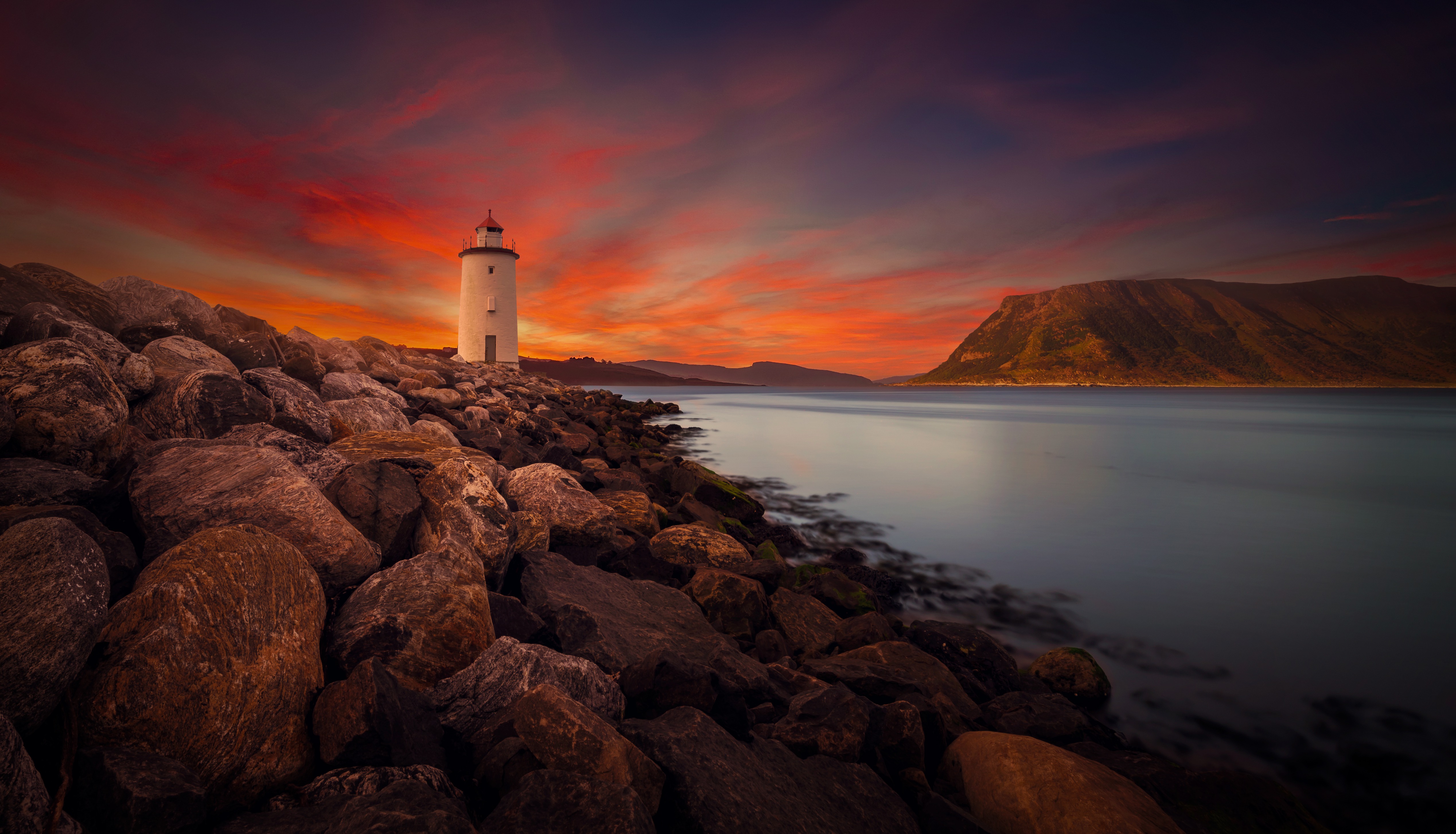 Wallpaper Lighthouse, Twilight, Sunset, Rocky shore, 4K, World, #2261