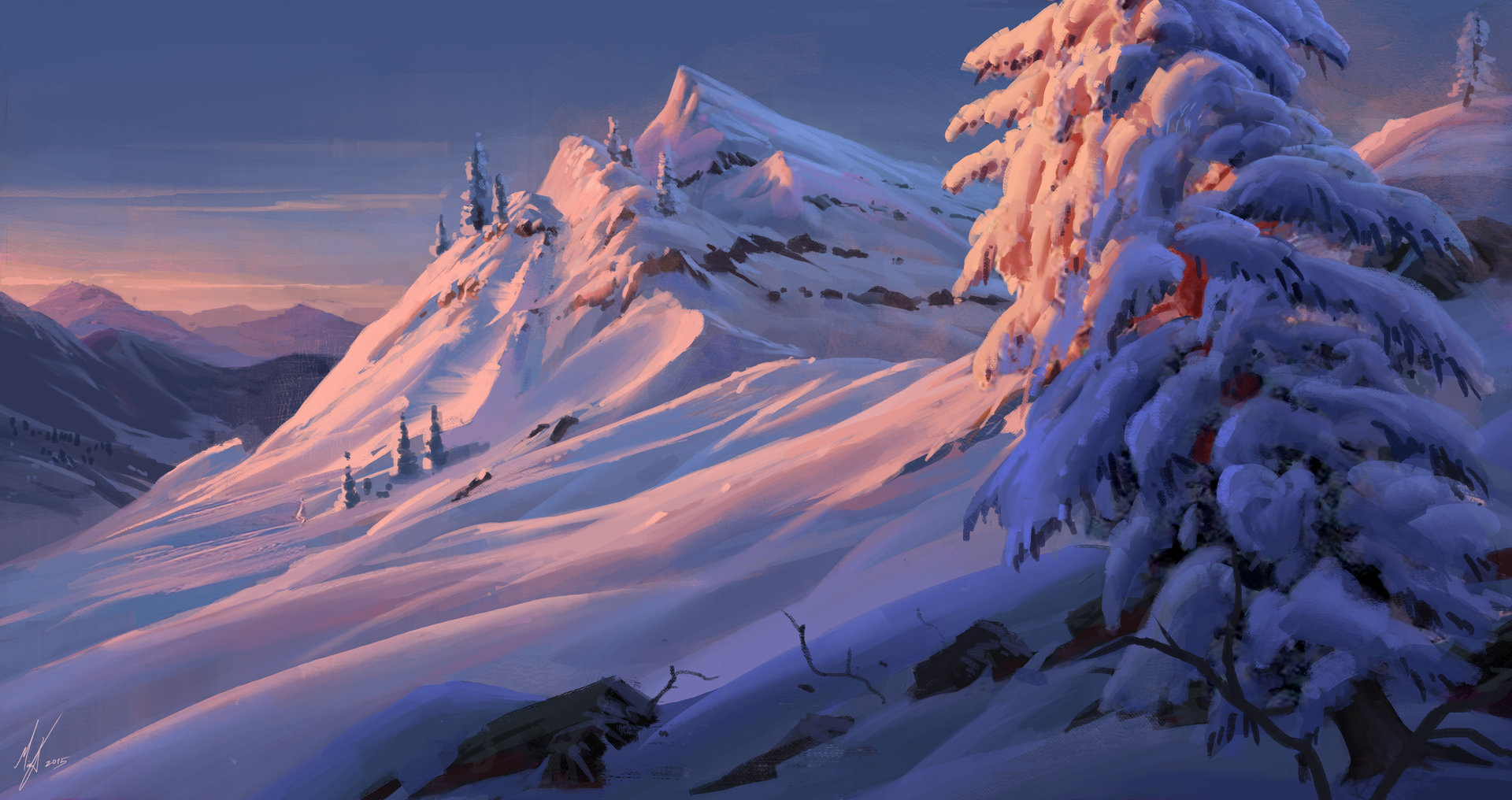 ArtStation - Snowy rocky sunset speedies, Michal Kus