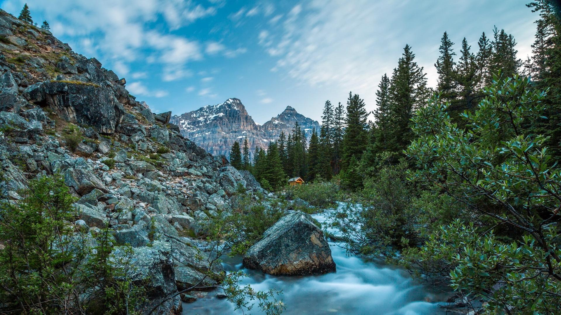 Rivers: Rocky Mountain Stream Flowing Mountains Trees Cabin Rocks ...