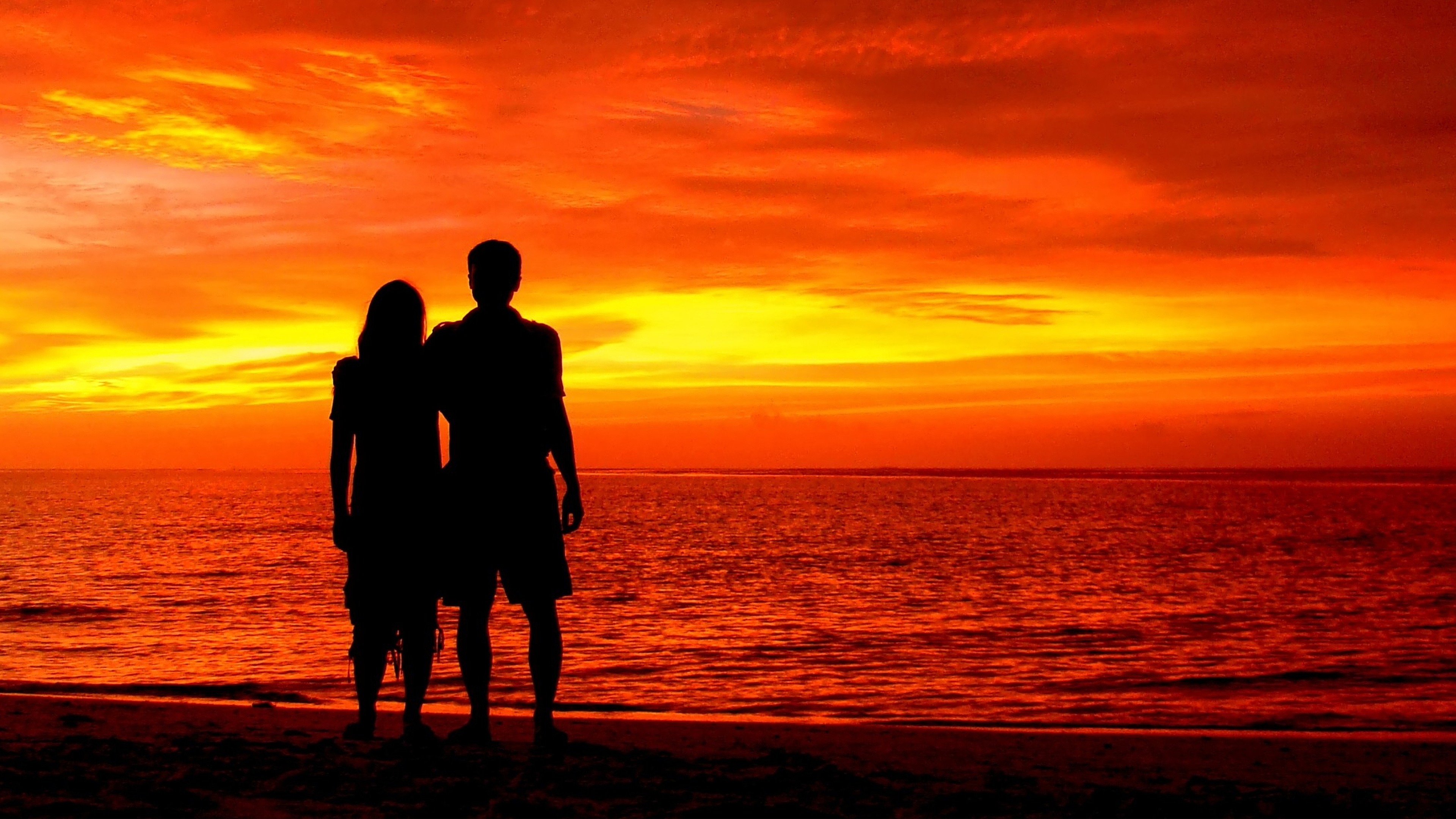 Wallpaper Couple, Silhouette, Romantic, Beach, Sunset, 4K, Love, #5066