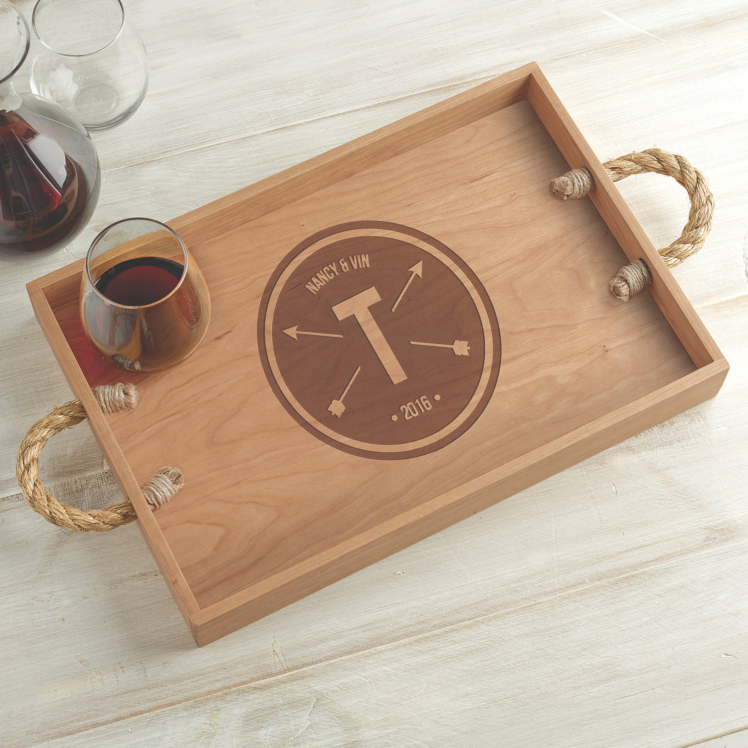 Personalized Crate Tray with Rope Handles - Wine Enthusiast