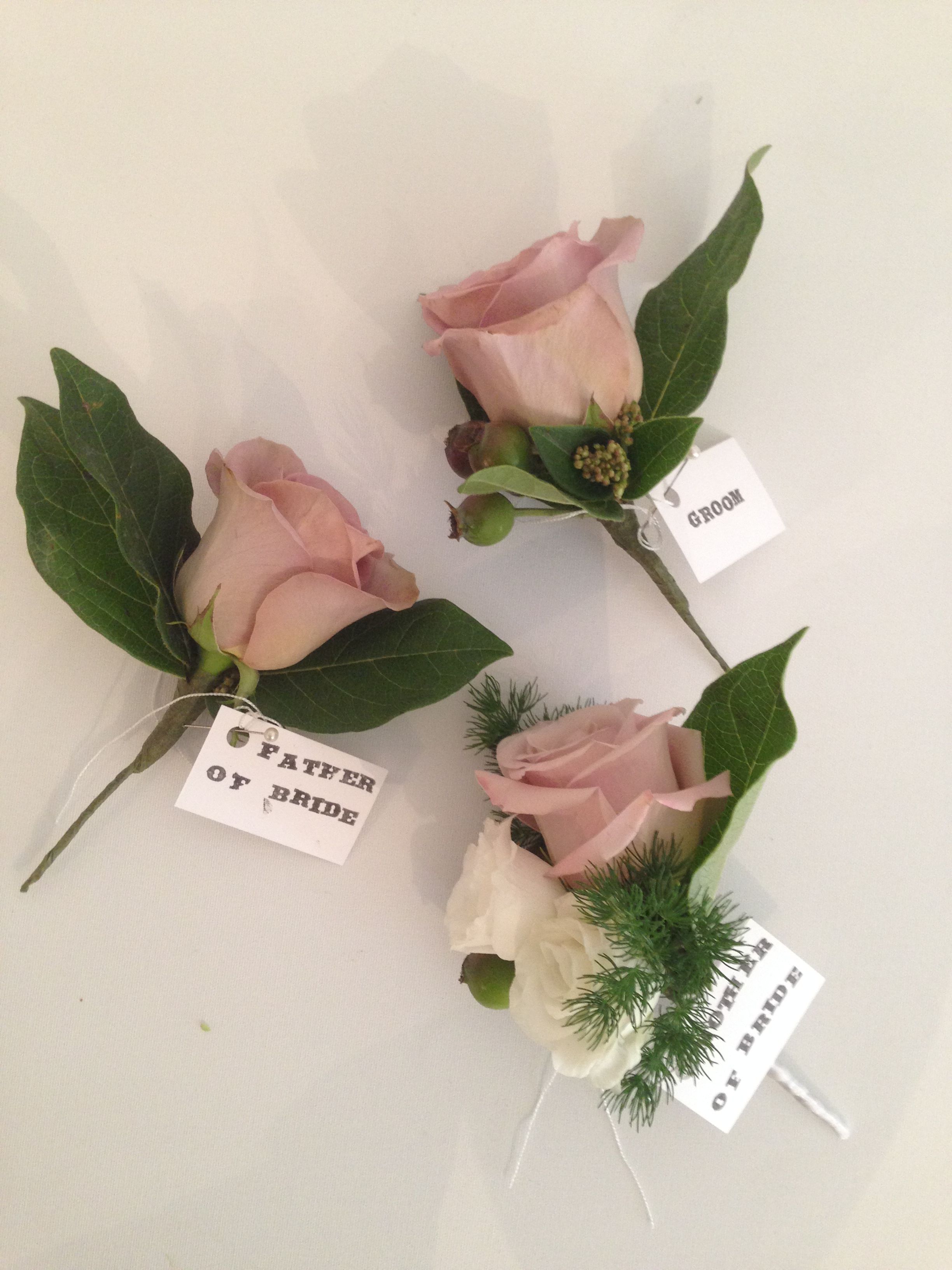 Dusky pink, mink coloured rose buttonholes. Surrey wedding flowers ...