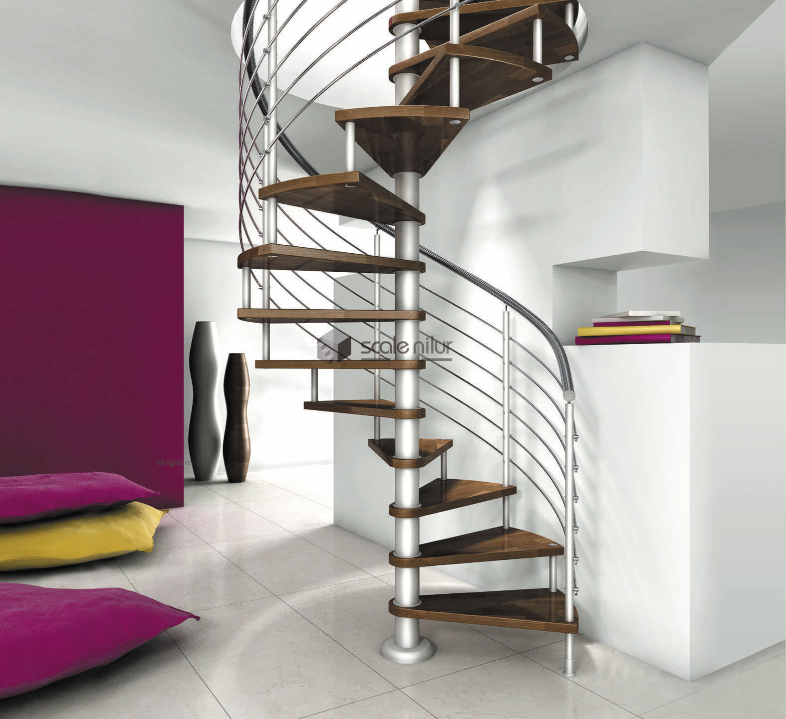 Spiral staircase / wooden steps / metal frame / without risers ...