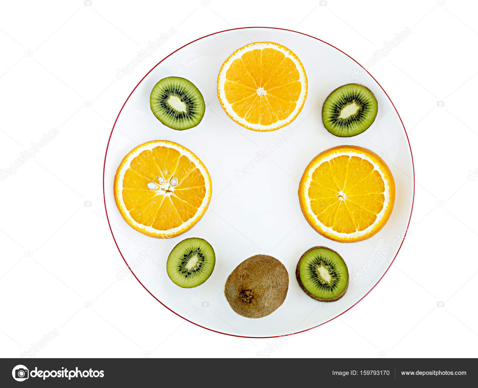 Ripe fruits of orange and kiwi are cut into round slices on a white ...