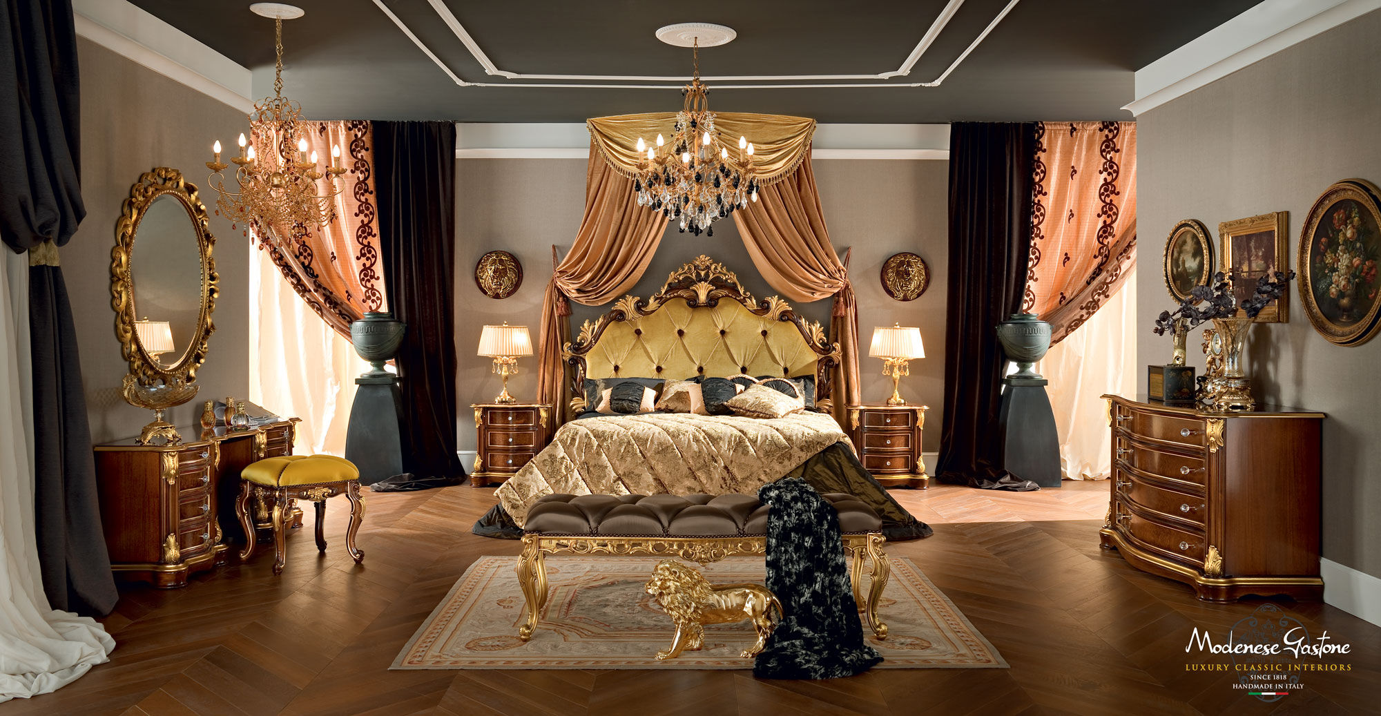 Royal bedroom with hardwood walnut furniture and gold leaf ...