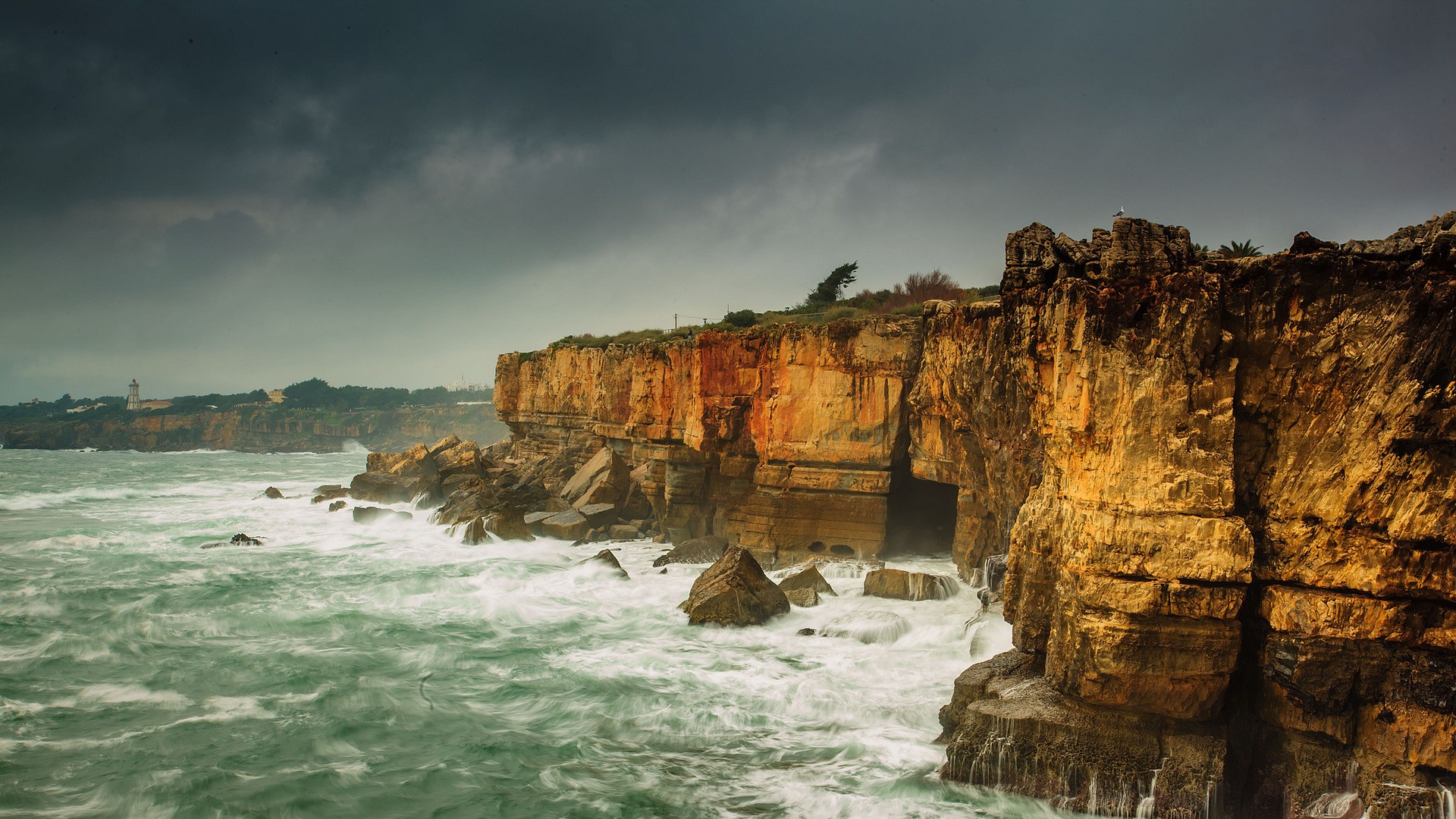 Beaches: Rough Rugged Sea Coast Storm Rocks Bird Cave Dual Wallpaper ...