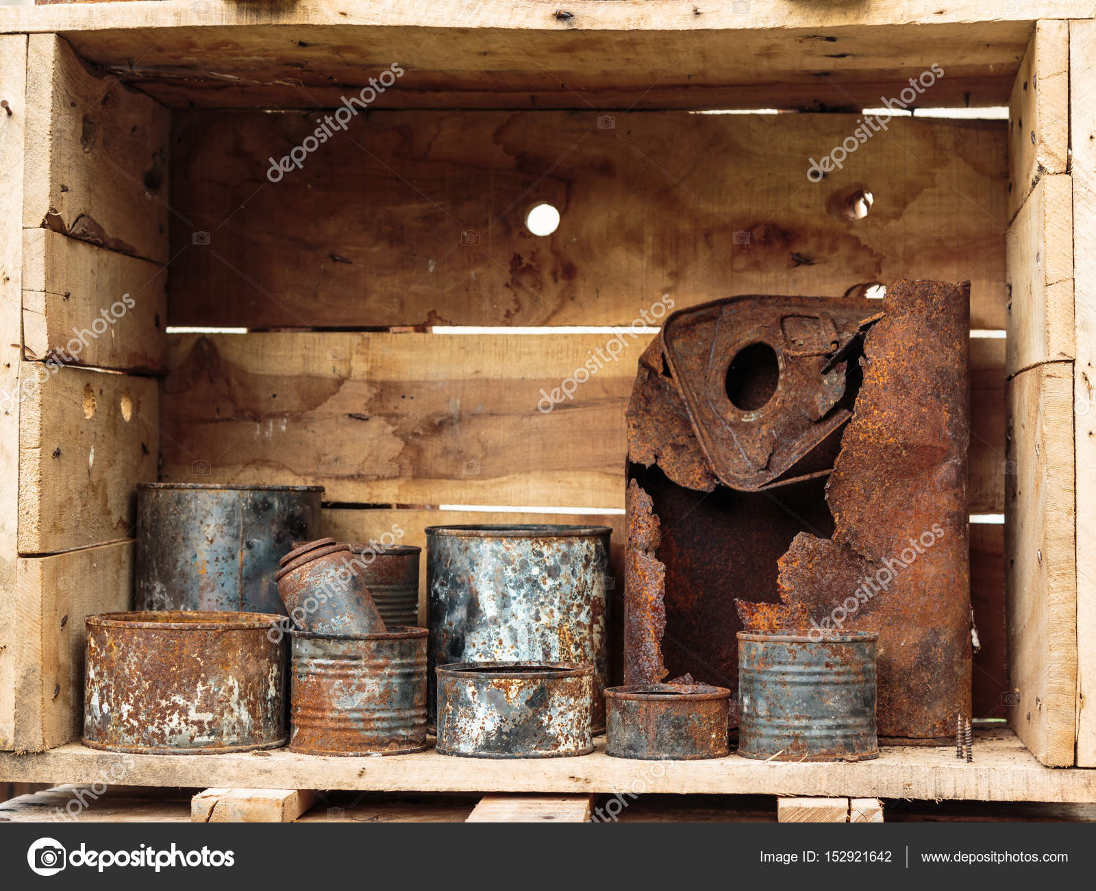 Rusted Aluminum Cans inside Wooden Container — Stock Photo ...